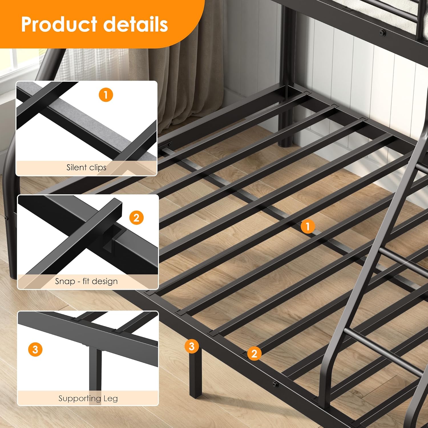 Metal Bunk Beds Twin Over Full Size with Safety Guardrai and Angled Ladder, Sturdy Material & Space Saving for Teens and Adults Bedrooms and Dorm, Noiseless No Box Spring Needed, Black