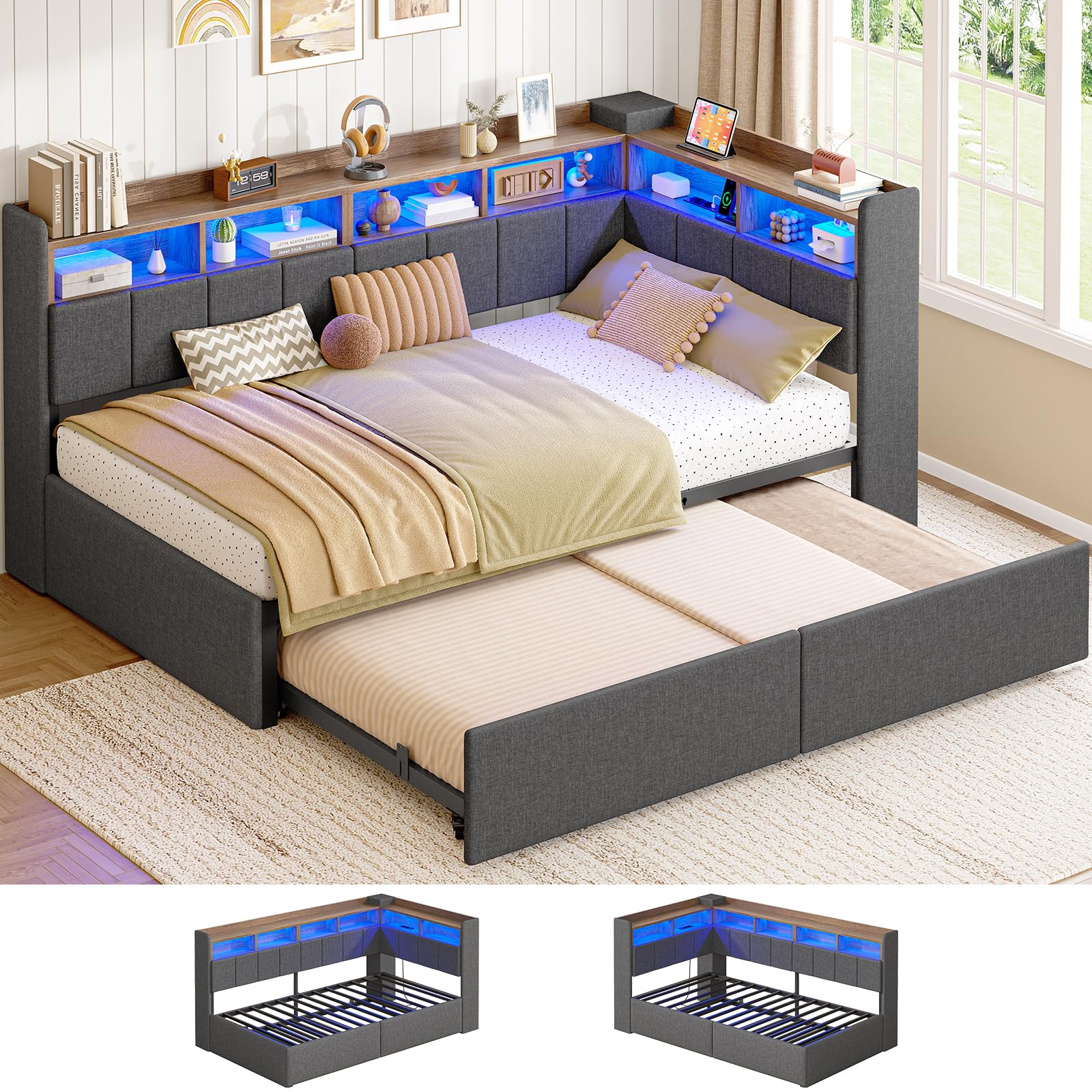 AOGLLATI Polsterbett Schlafsofa 90x200 mit Ausziehbarem Gästebett 90x190