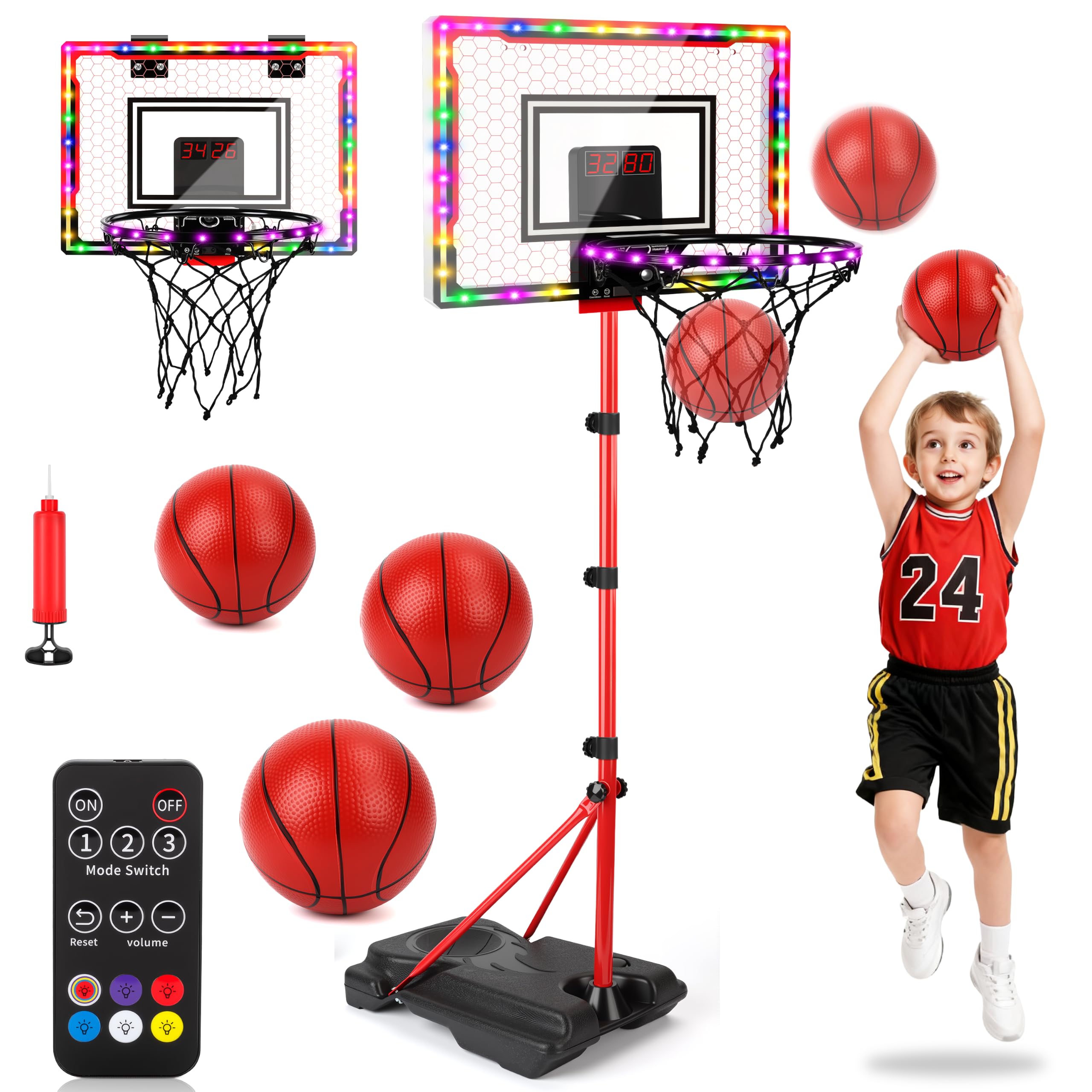 IEEILULU Basketballkorb Kinder, Basketballbrett Hängende mit Fernbedienung, Elektronischer Anzeigetafel mit LED Lichter Soundeffekten, Outdoor Spielzeug, Geschenke für Jungen Mädchen ab 3 Jahren