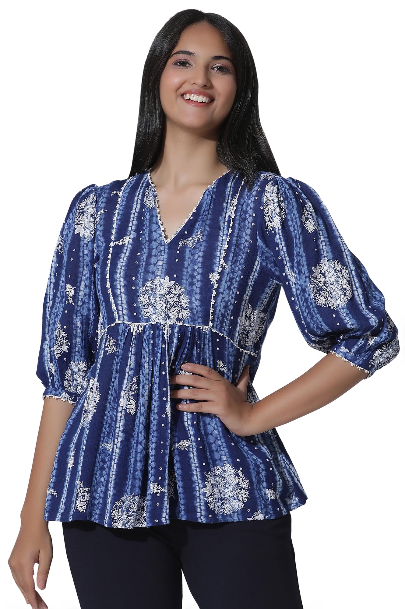 Blue Floral Printed Top with Lace-image-27