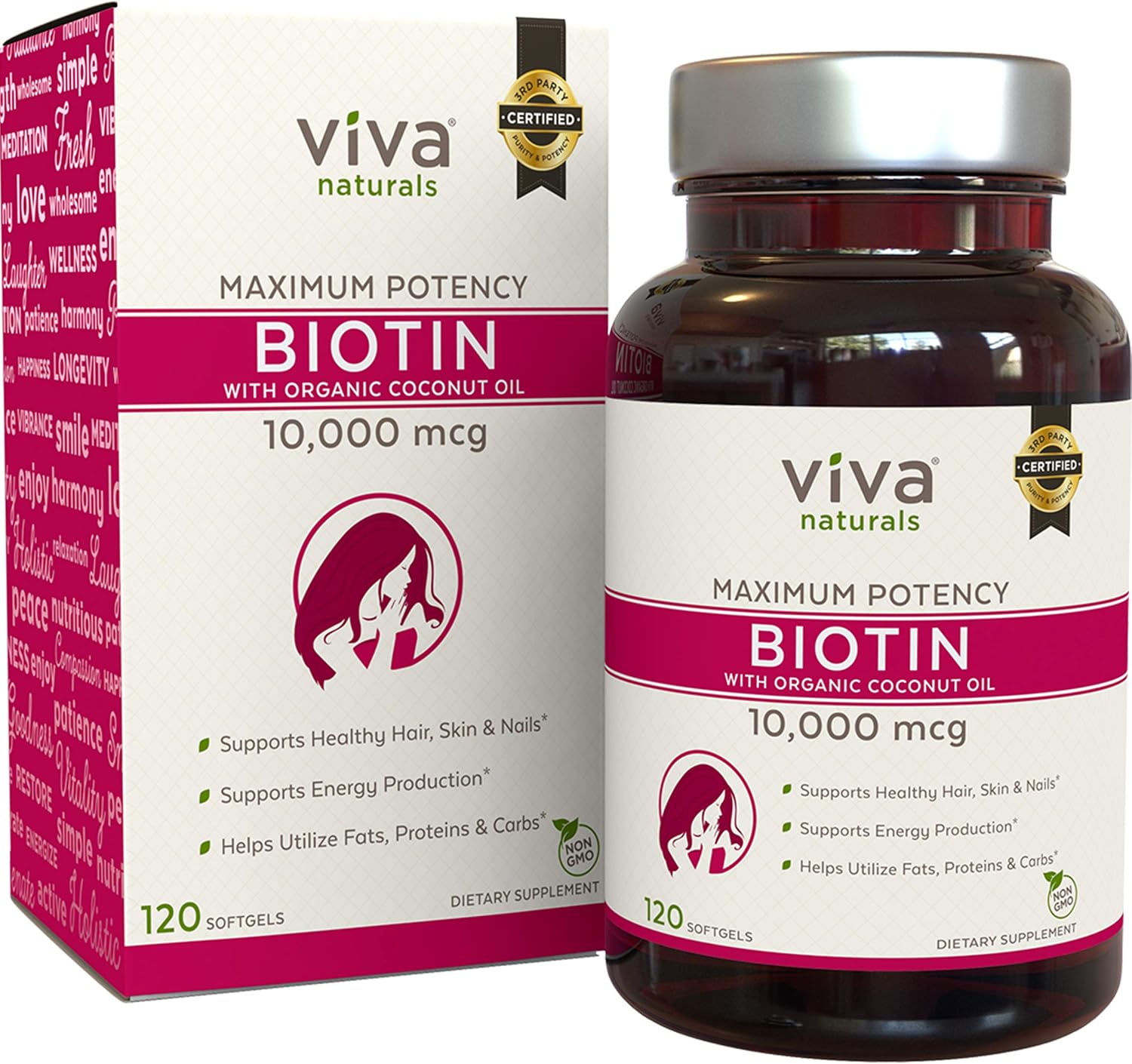 Viva Naturals Biotin 10000mcg (120 Softgels) - Support for Healthy Hair Skin Nails, High Potency Biotin Made with Organic Coconut Oil, Non-GMO & Gluten Free