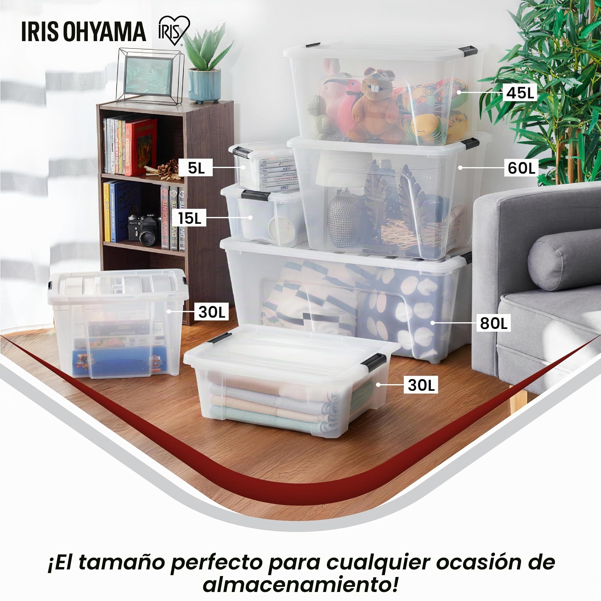 Iris Ohyama 6 Cajas de almacenamiento con tapas, 30L, Transparente, Clips de Cierre, Duradero, Apilable, para Dormitorio, Armario, Oficina, Organizadora, Ropa, Libre de BPA, NTB-30