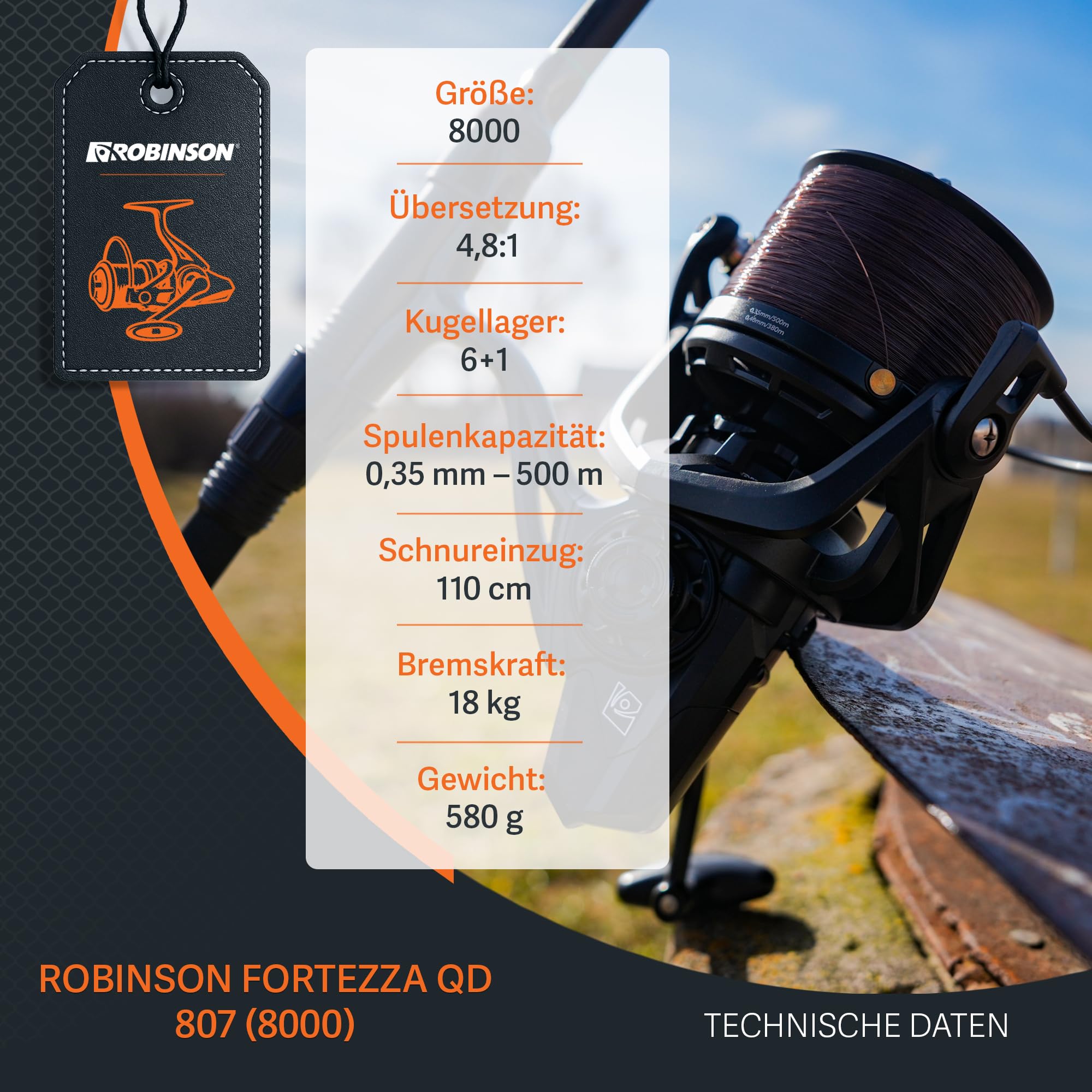 Robinson Karpfenrolle 8000 mit 18kg Bremskraft – Angelrolle mit Quick & Power Drag – Schneckengetriebe für gleichmäßige Schnurverlegung – Duraluminium-Spule – Fortezza