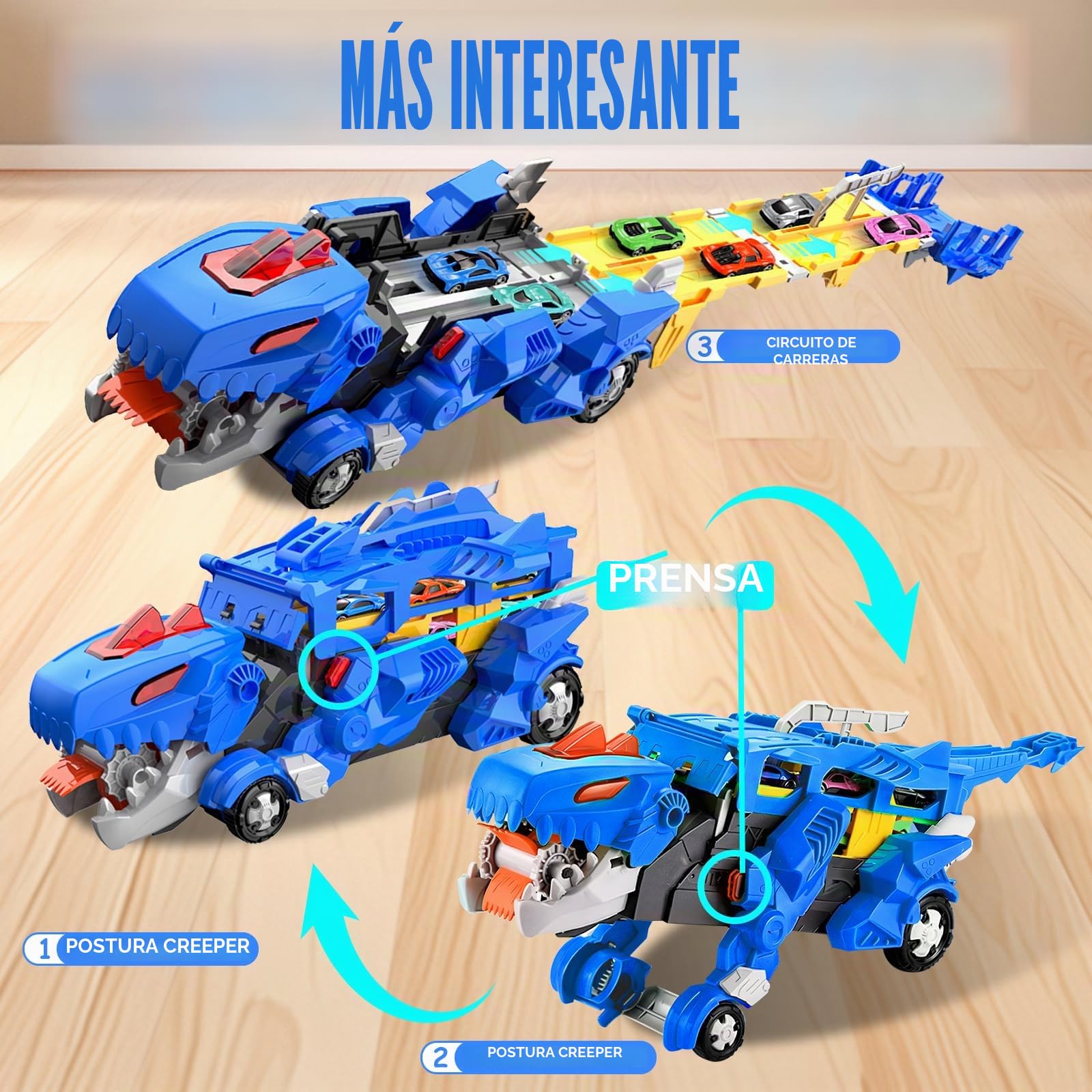Camión de Transporte de Dinosaurios Coches de Juguete para niños con 12 Mini Coches, 3 en 1 Plegable portátil Pista de Carreras Coche de Juguete, para niños de 3, 4, 5, 6, 7, 8 Años