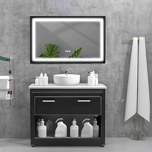 Espejo de baño LED de 42 pulgadas de ancho x 24 pulgadas de alto, espejo de tocador iluminado de pared, marco de aluminio negro frontal y