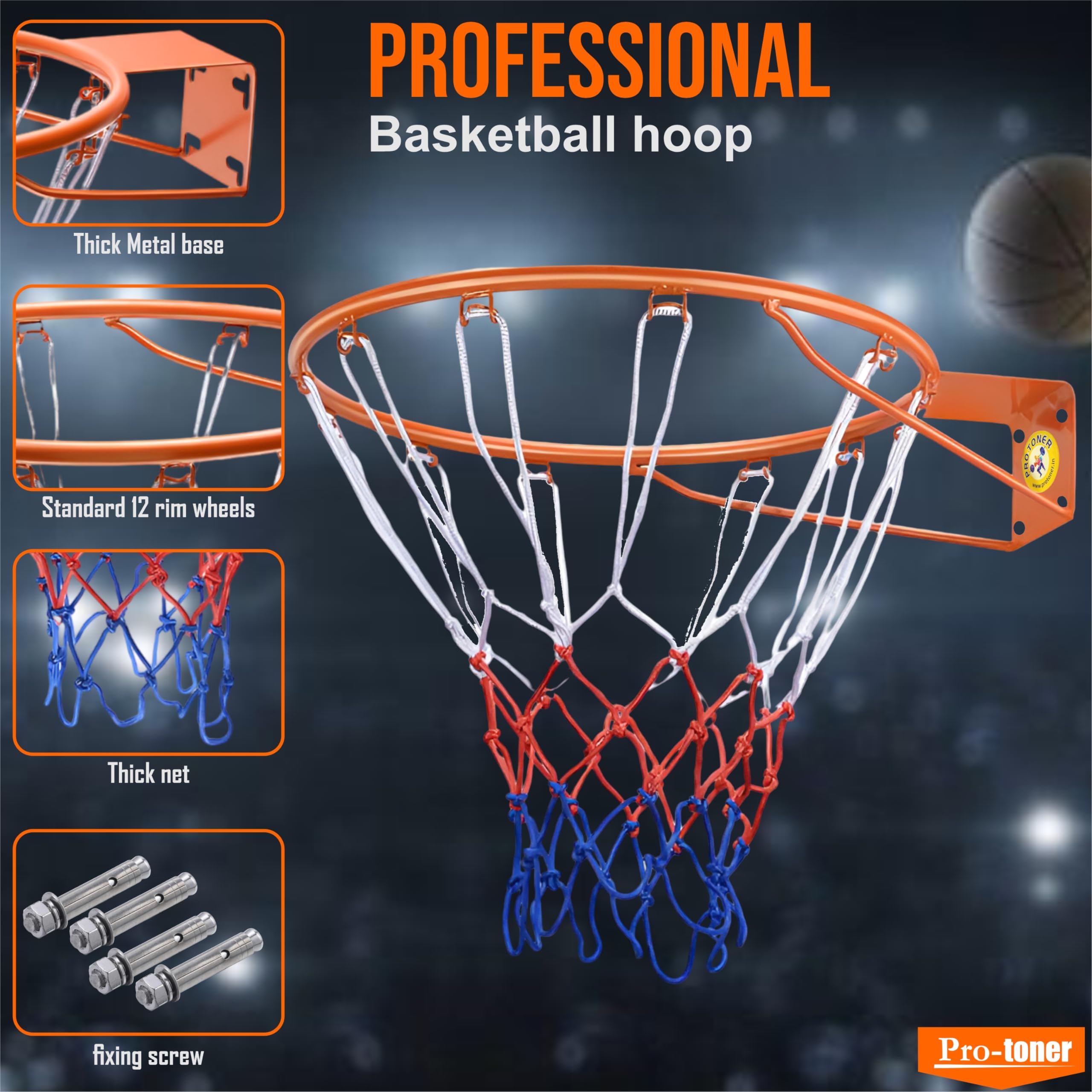 Protoner Basketball Ring with Net, 12 mm Thick, 18 inches Diameter, Medium Size 4