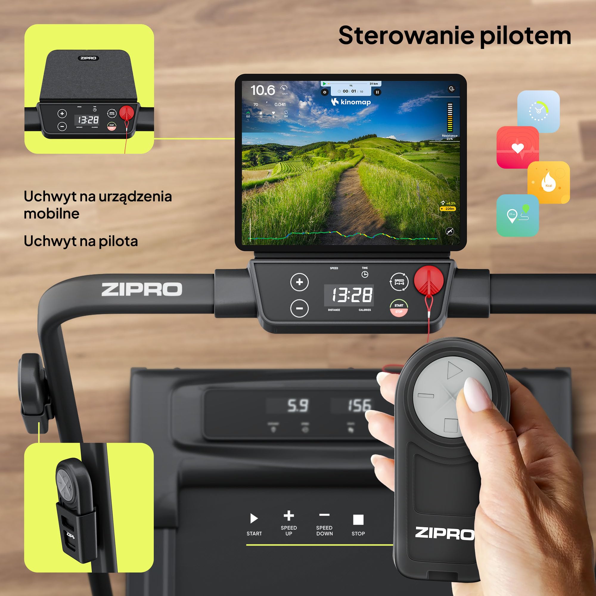 ZIPRO Newlite Bieżnia Elektryczna Składana, WalkingPad, Dwa Tryby Pracy, Składana Konstrukcja FlatFold, Prędkość 1-10 km/h, Waga Użytkownika do 110 kg, Amortyzacja Easy Walk, Wyświetlacz LED