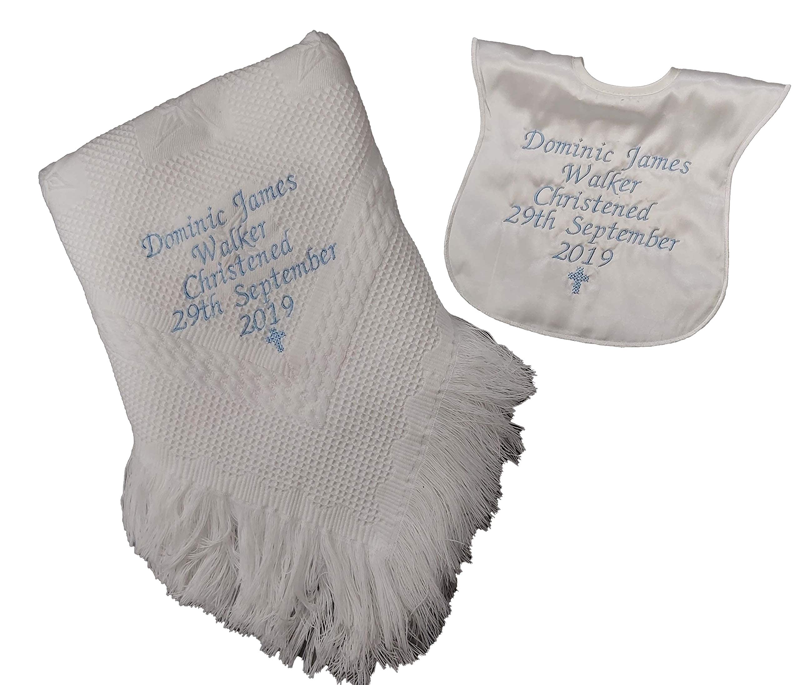 Christening/Baptism Personalised Shawl and bib Set with Small Cross Available in White or Cream (White)