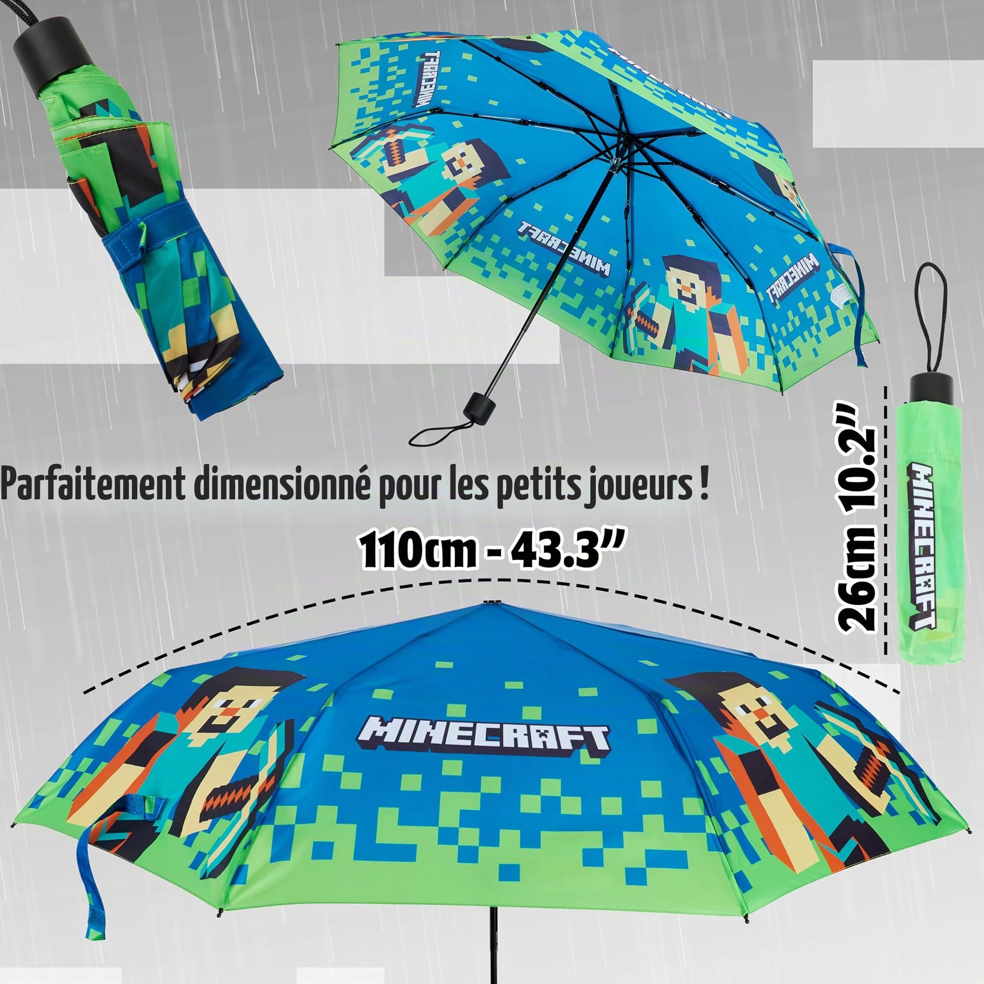 Minecraft Parapluie Pliant pour Enfant - Parapluie Télescopique Léger (Bleu/Vert)