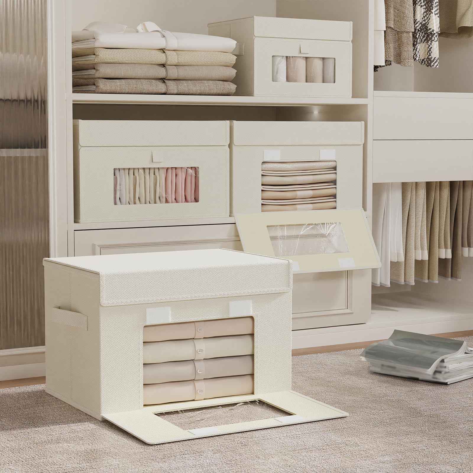 Cajas Almacenaje Ventanas Transparentes, 33x23x20 cm, Beige, Pack 4 | Contenedor de Almacenamiento Plegable, Organizadoras para Estantes, Cestas de Almacenaje para Ropa, libros, Dormitorio