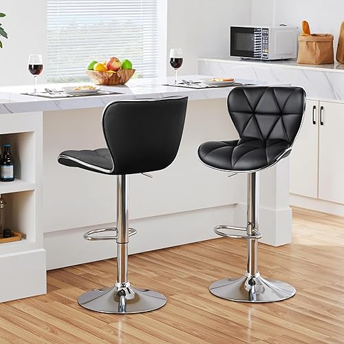 Miniatura 4 de Yaheetech Juego de 2 taburetes de bar, taburetes de bar ajustables de piel sintética con respaldo de concha, sillas de bar con reposapiés para Negro