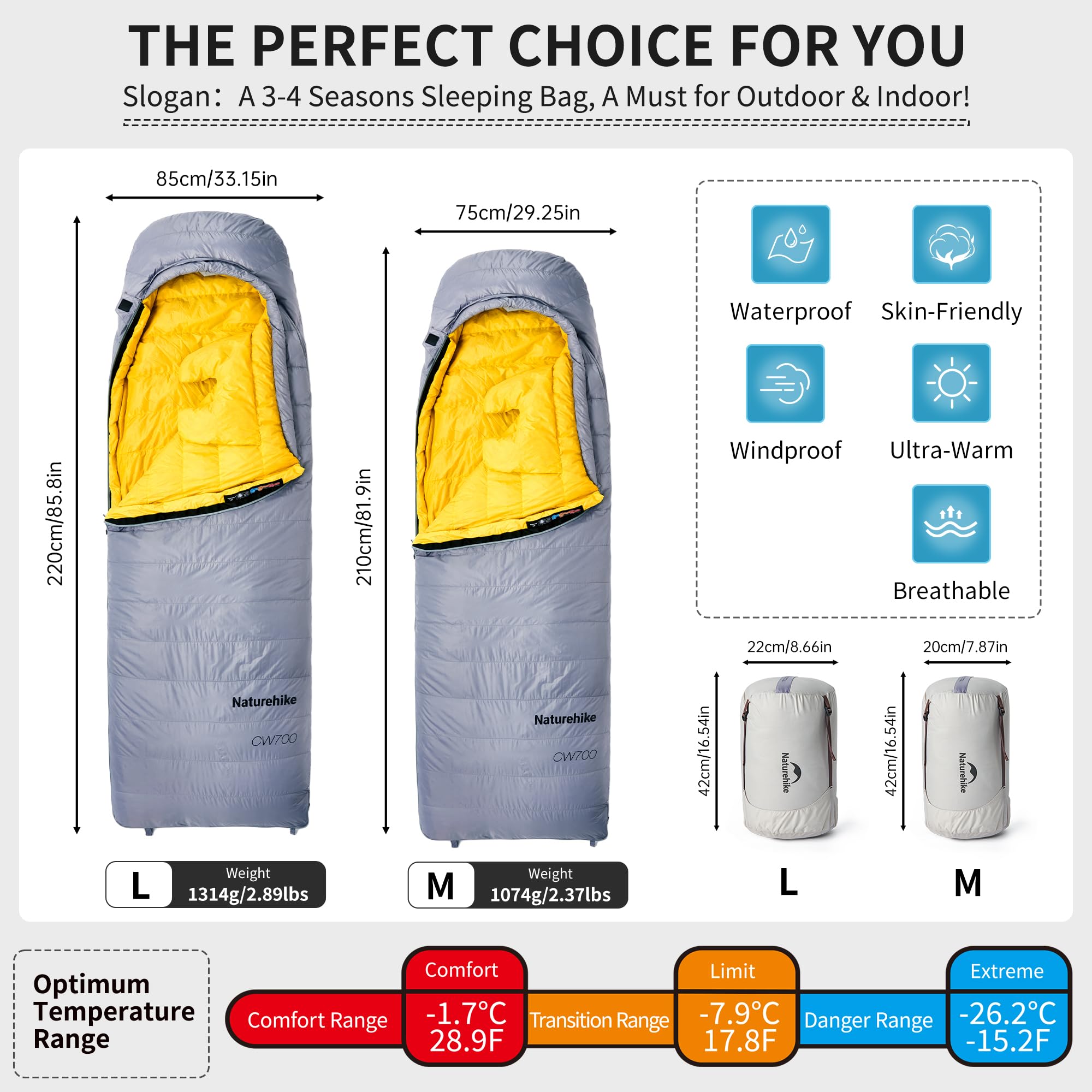Naturehike CW700 Sac de couchage en duvet ultra léger et portable 4 saisons pour adultes et enfants en plein air camping randonnée voyage avec sac de compression