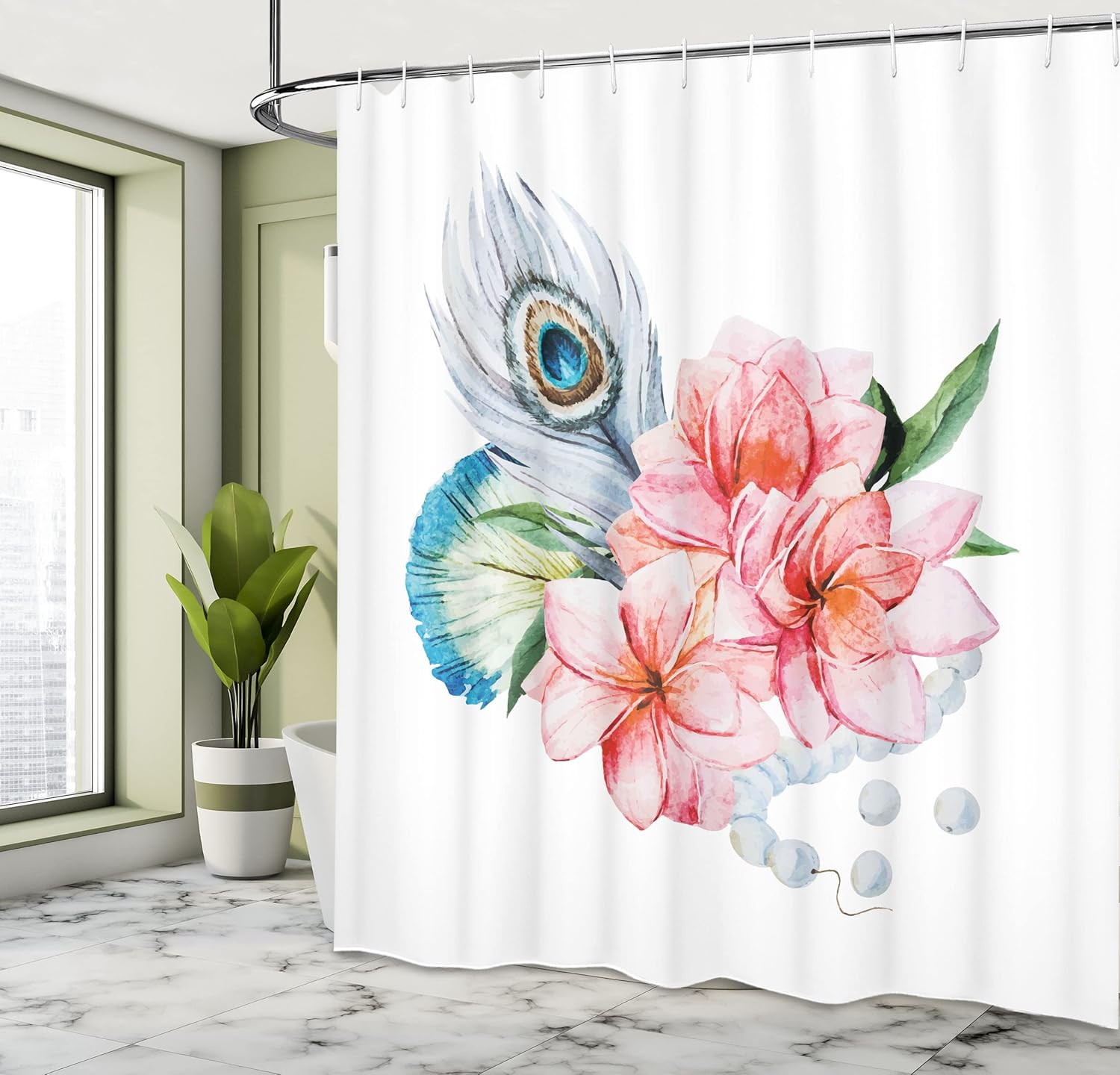 Ambesonne Shabby Flora Shower Curtain, Watercolor Style Peony Anemone Flowers Peacock Feather and Beads Image, Cloth Fabric Bathroom Decor Set with Hooks, 69" W x 70" L, Rose Blue