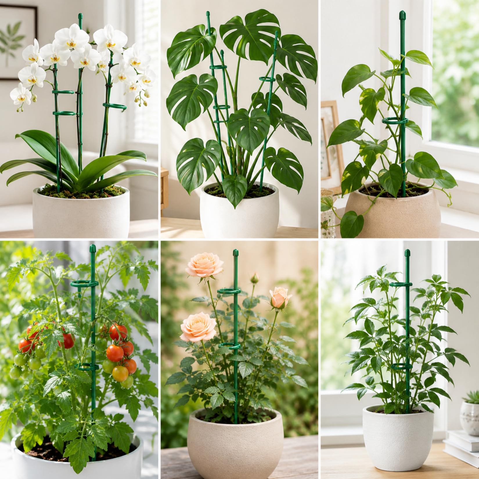 6 sztuk podpórki do roślin 30 cm, Regulowany uchwyt do roślin pnących z klipsami, Podpora do roślin dla Monstera, Orchidei, Pomidorów, Róż i innych kwiatów (zielone)