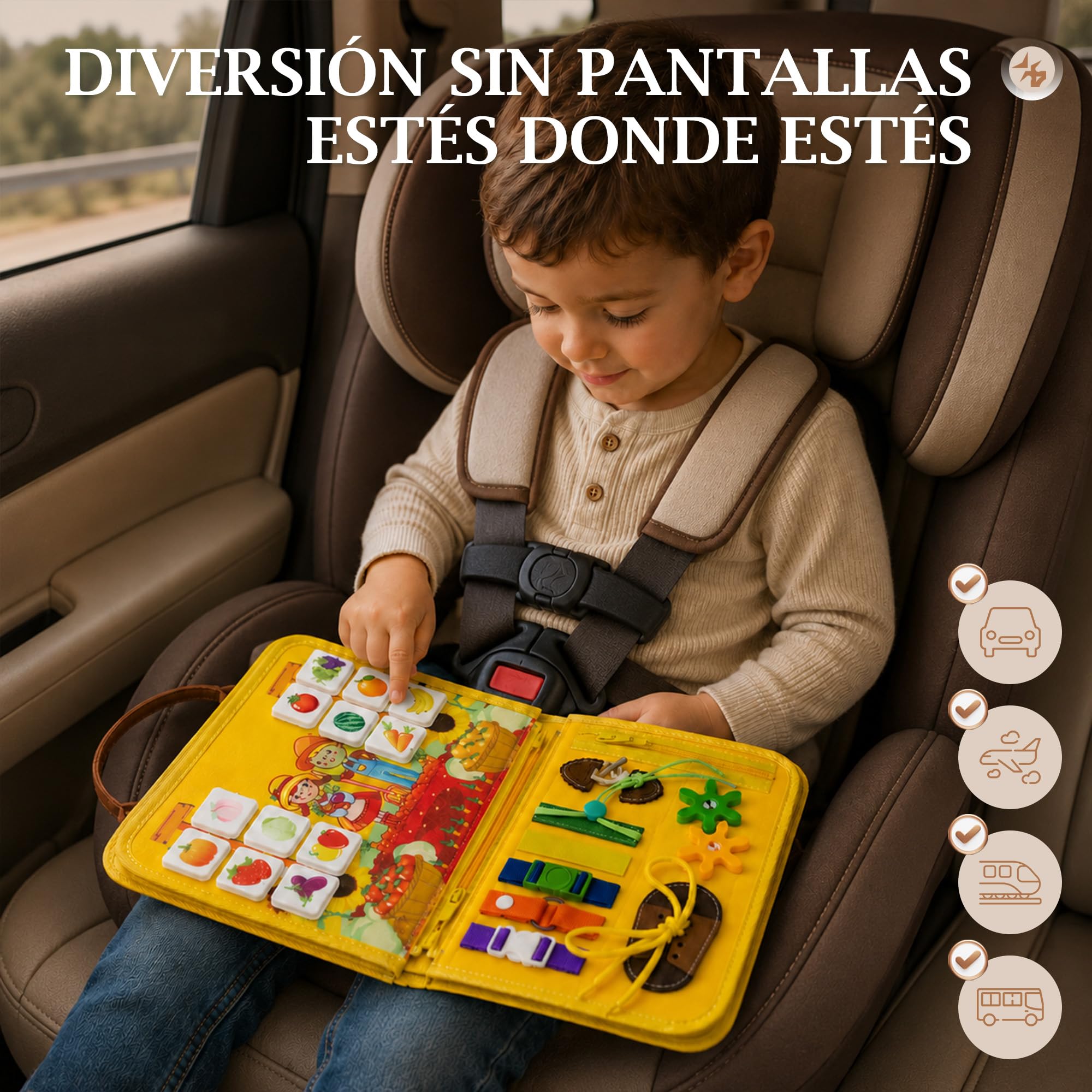 Busy Board Montessori con Pizarra. Tablero de Actividades Sensoriales. Maletín Educativo para Motricidad Fina. Juguete de Viaje para Niñas y Niños de 3, 4, 5 años. Regalo Infantil, Cumpleaños
