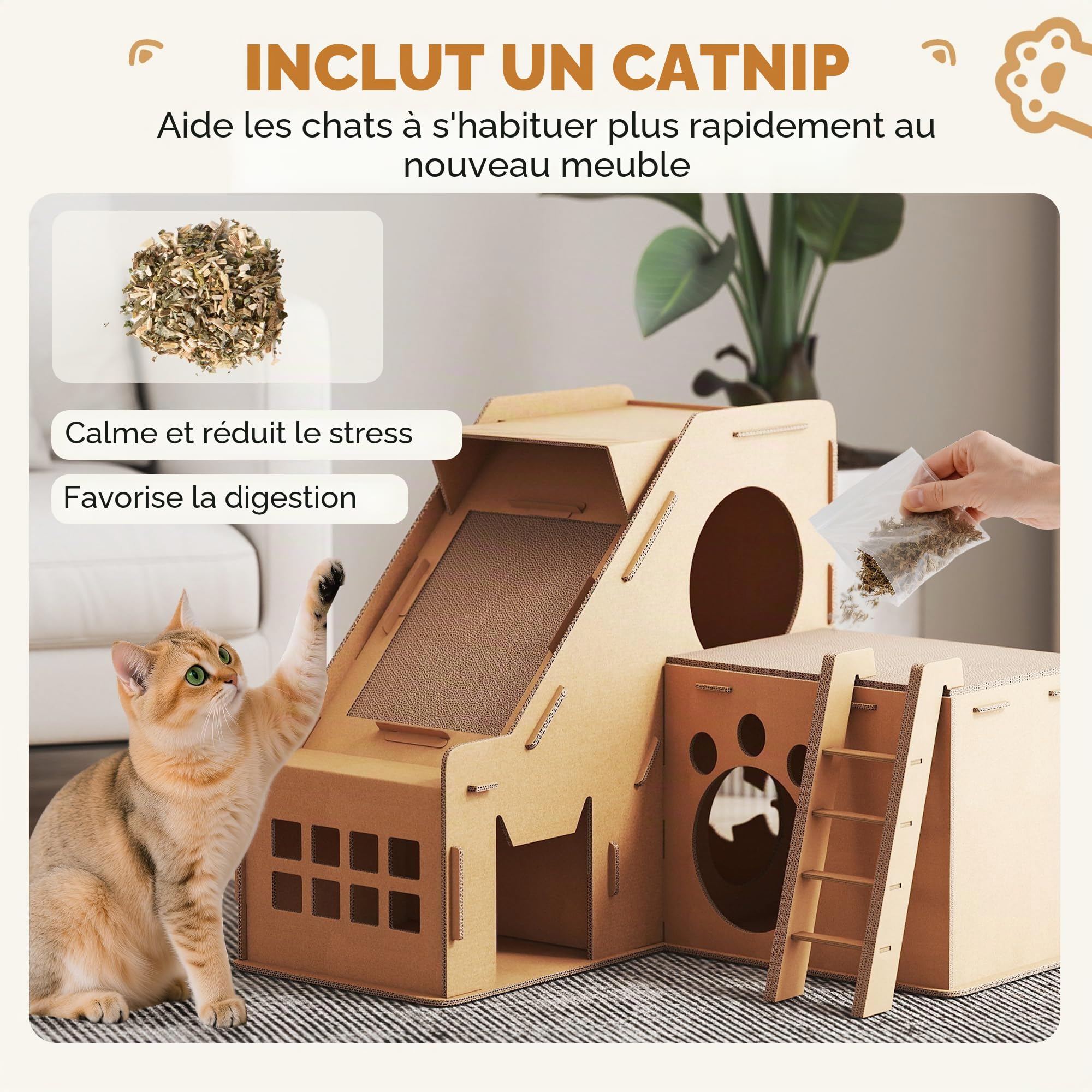 PawHut Griffoir Maison en Carton Forme de château, 67x66x57 cm Marron