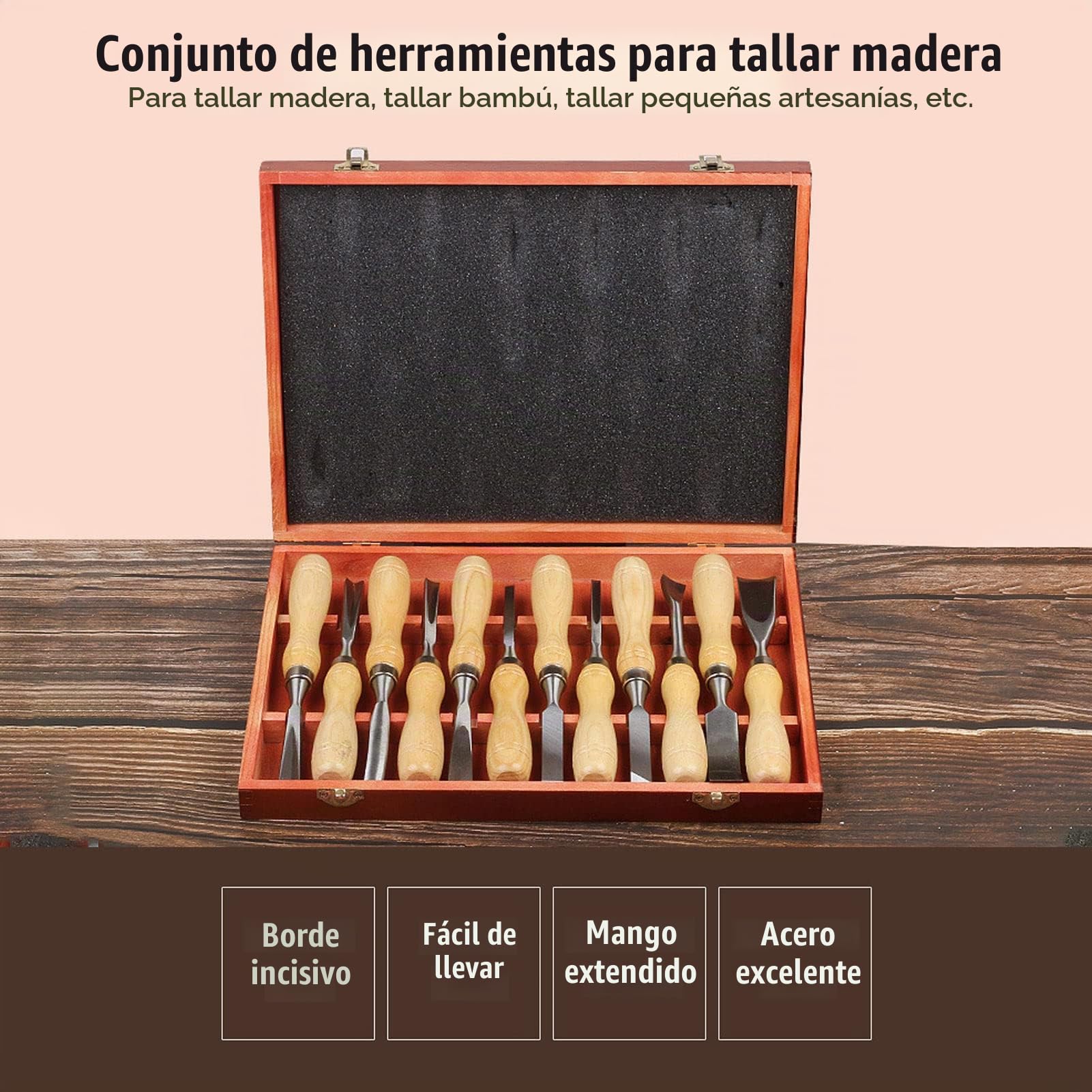 12 Cinceles para Tallar Madera, Juego de Herramientas Profesionales para Tallar Madera con 12 Cuchillos, Caja de Almacenamiento, Kit de Cincel para Esculpir de Acero para Principiantes