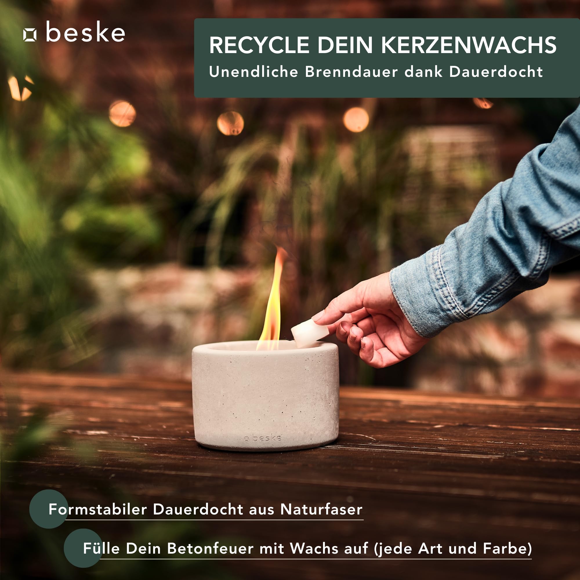 Betonfeuer® - Das Original der Beske-Manufaktur | Modell 'Solo' Ø14cm mit Dauerdocht | Unendliche Brenndauer | Premium Handarbeit aus Deutschland (Ohne Nachfüllwachs, Löschbrett aus Holz)