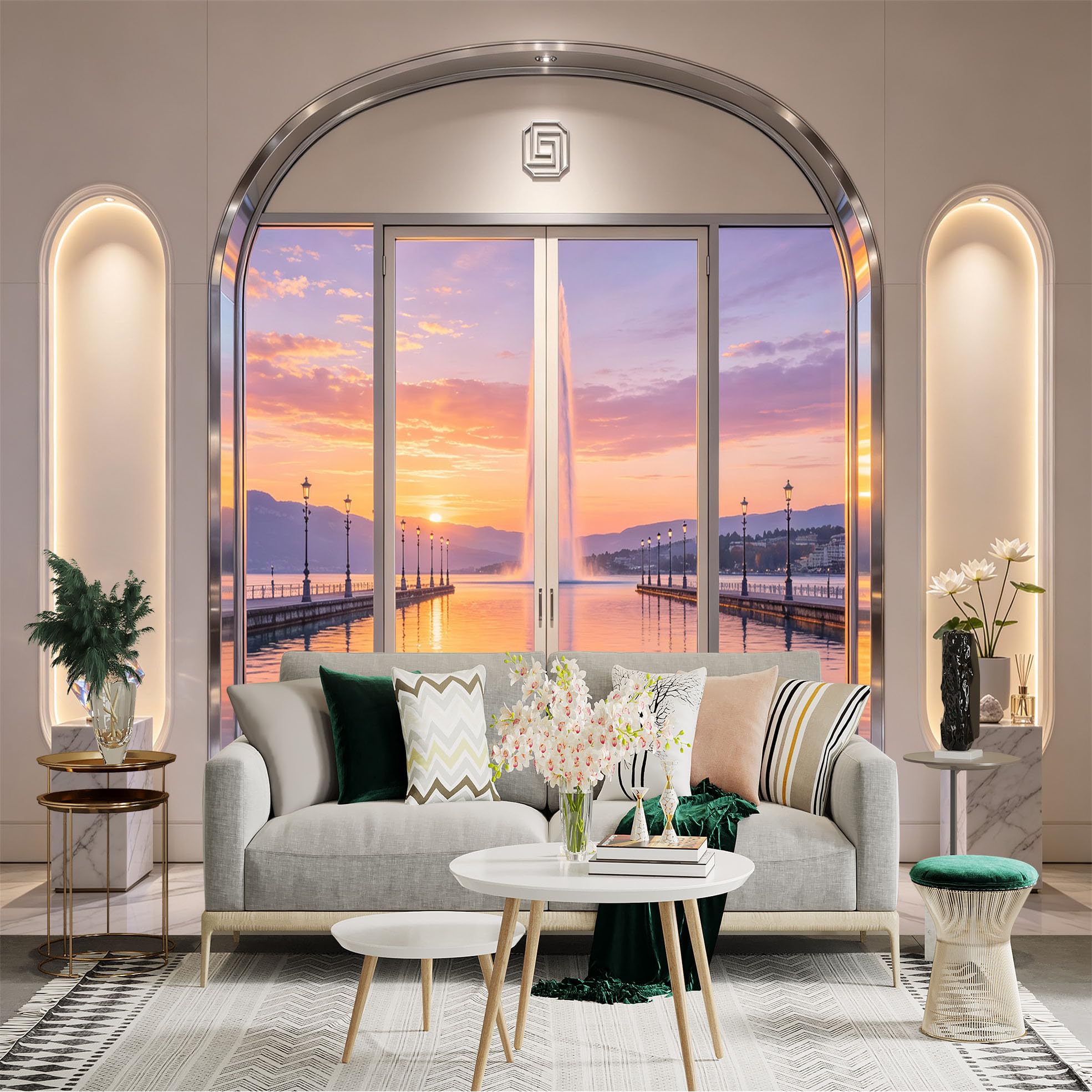 Custom Size Wall Sticker Mural， Sunset Lake View with Fountain and Pier Reflection， for wall Decoration， peelandstick wall Decals.