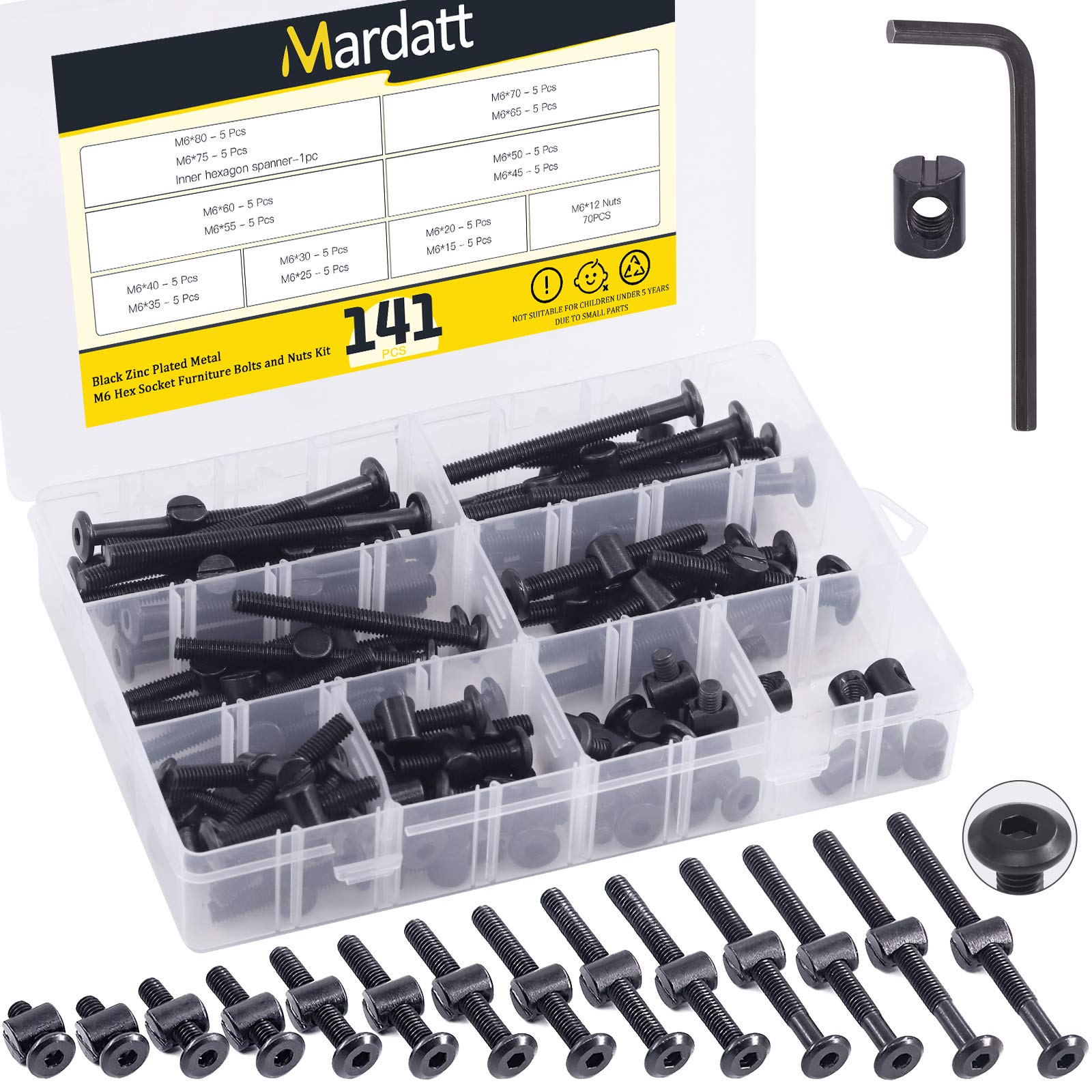 140Pcs 14Sizes M6 Screws Hardware Replacement Kit Black Hex Socket Cap Bolts and Barrel Nuts Cross Dowel Assortment Kit for Beds Furniture