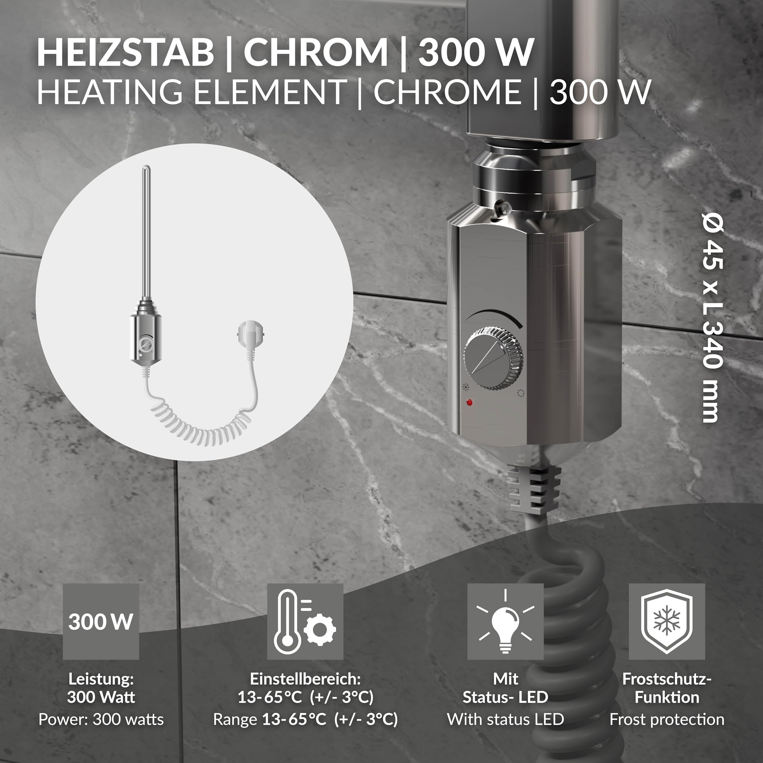 ECD Germany Termostato Regulador de Temperatura para Radiadores de Baño 300 W Barra Calefactora Eléctrico 1/2" Cromado Acero Inoxidable Elemento Calefacción Varilla para Calefactores