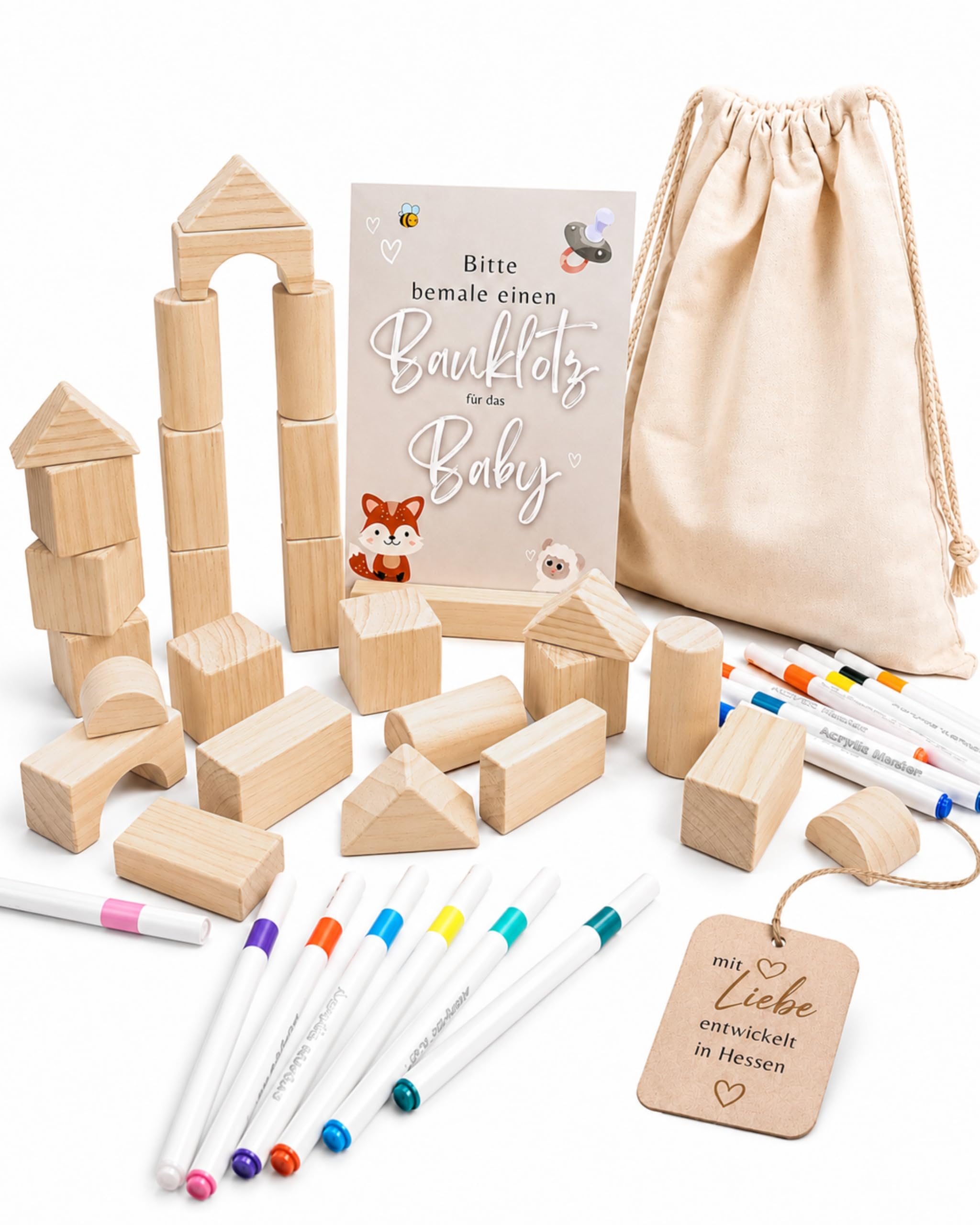 Bauklötze Bemalen Babyparty – Spiele & Baby Party Dekoration, Geschenk zur Geburt & Baby Shower, kreative Partyaktivität - 26 Bauklötze / 53 Teile