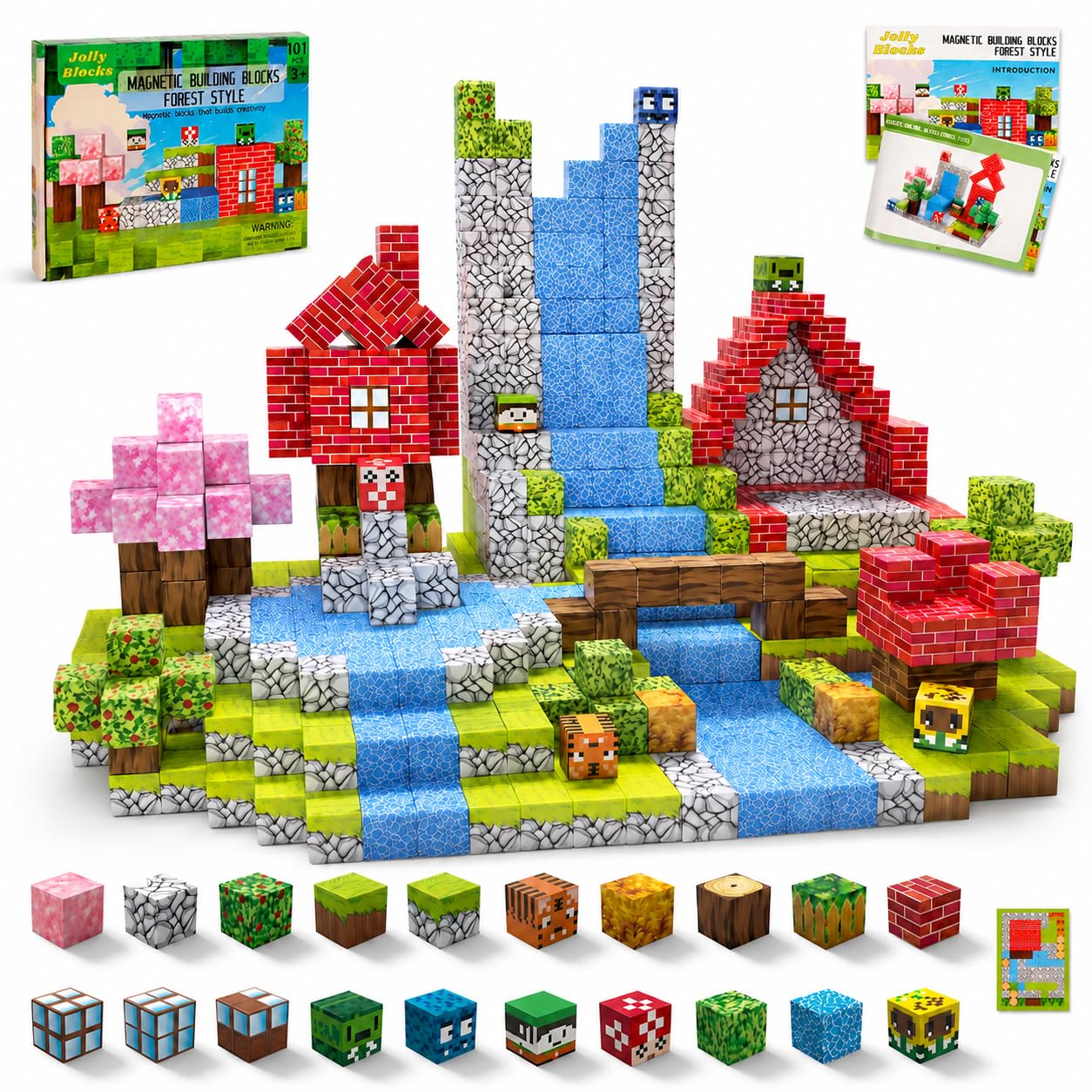 Jolly Blocks Magnetic Blocks, 101PCS Magnetic Building Blocks, Constructions Toys for Boys & Girls Age 3 4 5 6 7 8 9 10 STEM Montessori Stacking Toy, Sensory Brithdays for Toddlers
