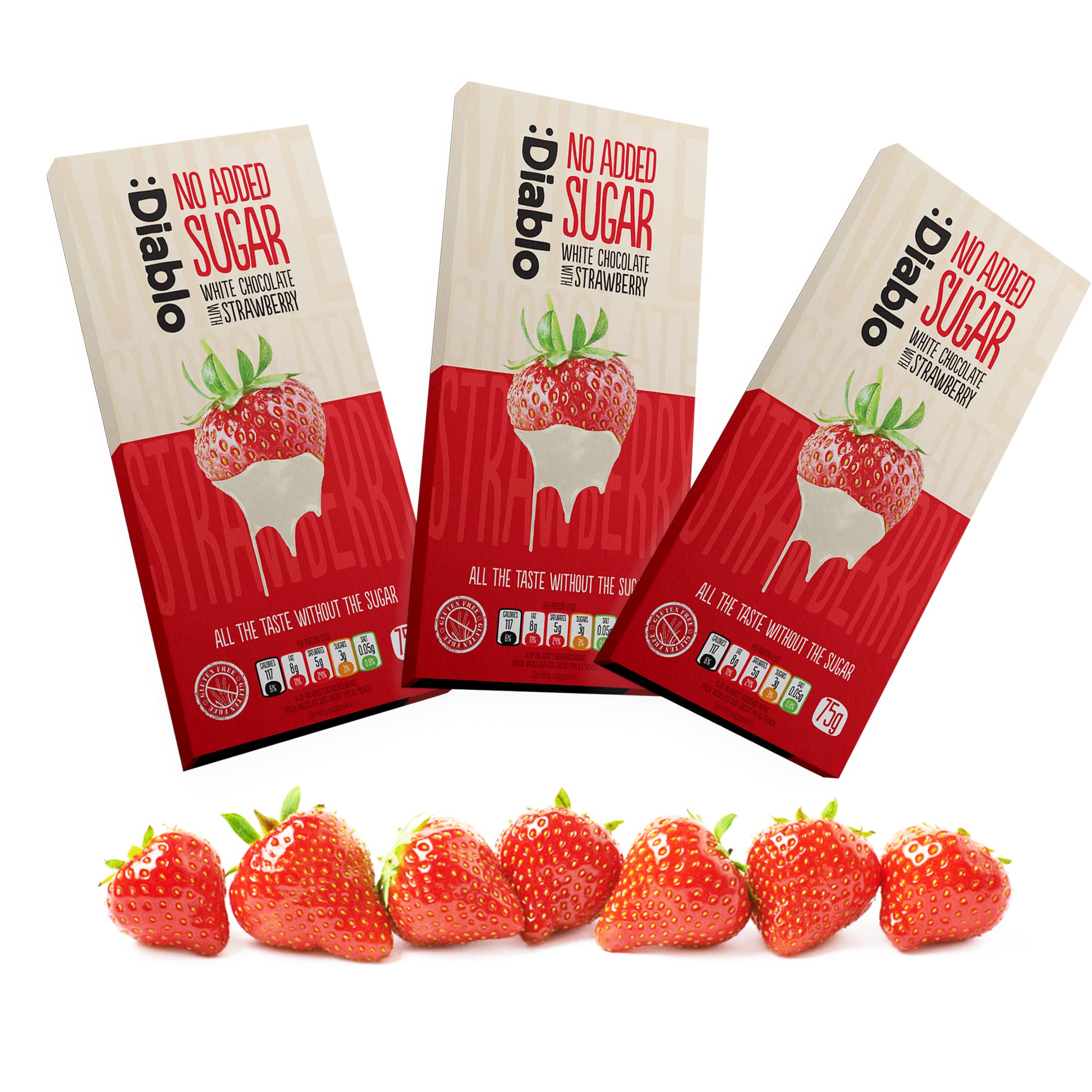 Diablo White Chocolate Bar with Strawberry | No Added Sugar, Gluten Free |Diabetic Friendly Chocolate| Hamper Available – Perfect for Gifting | 75g (Pack Of 3)