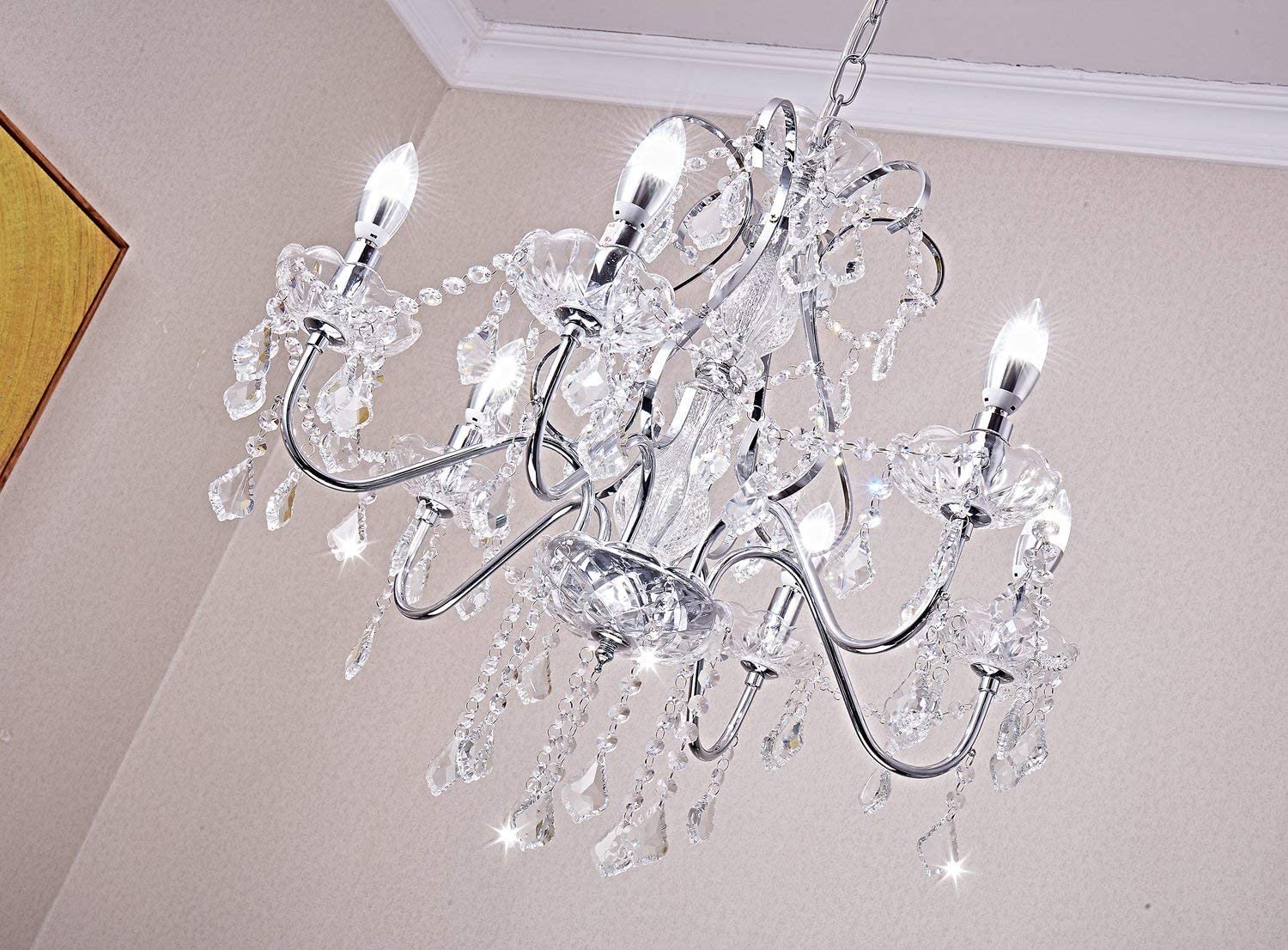 Saint Mossi 6 Licht Kristall Kronleuchter Moderne Leuchte des Kronleuchters,Kristallhängendes Licht Regentropfen Kronleuchter für den Speisesaal,Schlafzimmer,Wohnzimmer,H58cm x D60cm, verchromt