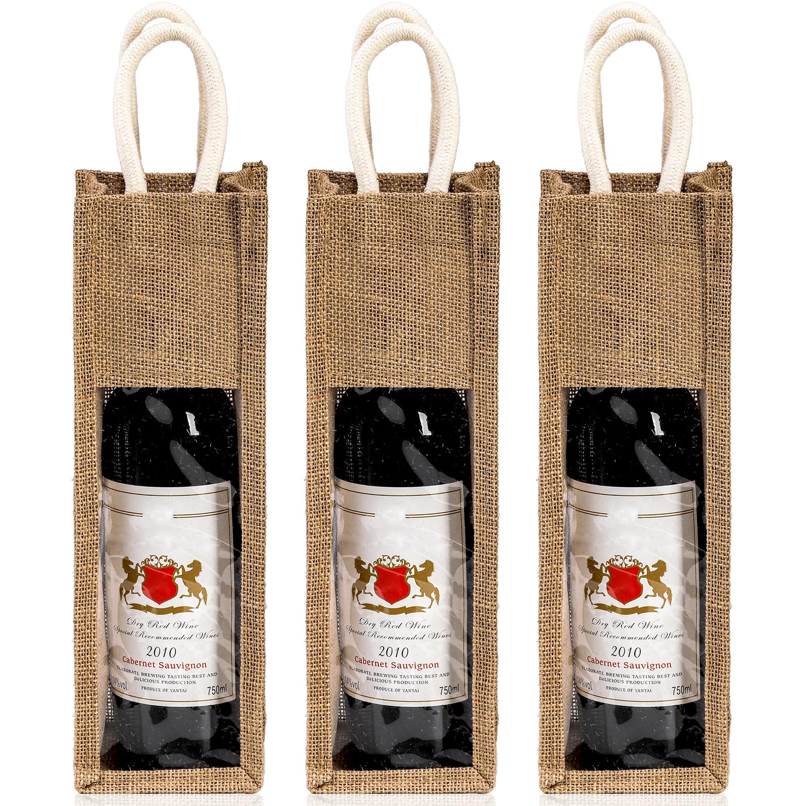 Reusable Wine Tote Burlap Wine Bottle Bags 3-Pack - Jute Wine Gift Bags  With Window \u0026 Handle For Parties \u0026 Gifts Wedding Wine Bags, image size:1600x1600