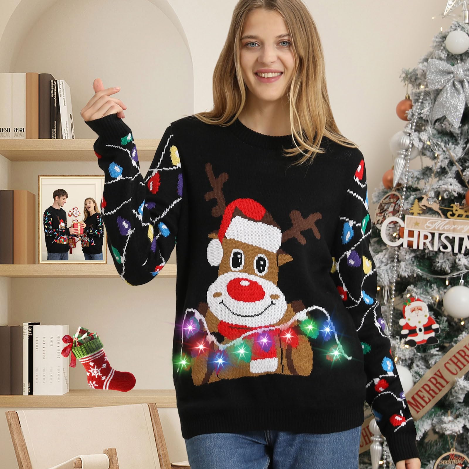 Kouric Maglione Natalizio Uomo con Luci, Maglione Natalizio Donna Divertenti, Girocollo Maglioni Natalizi Famiglia LED Ugly Christmas Sweater, Brutti Maglioni di Natale per Uomo/Donna/Coppia/Bambino