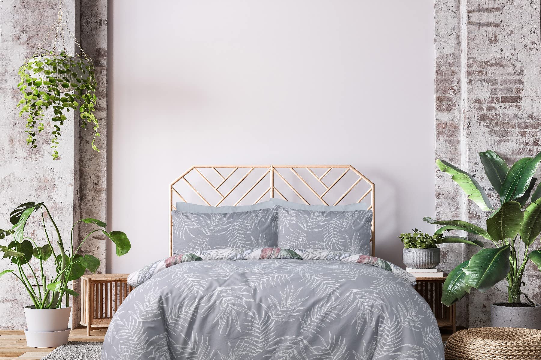 Sleepdown 100% czysta bawełna, liść, kwiaty, wiele tropików, szara, odwracalna poszewka na kołdrę, poszewka na poduszkę, zestaw pościeli, miękka, łatwa w pielęgnacji, rozmiar pojedynczy (135 x 200 cm)