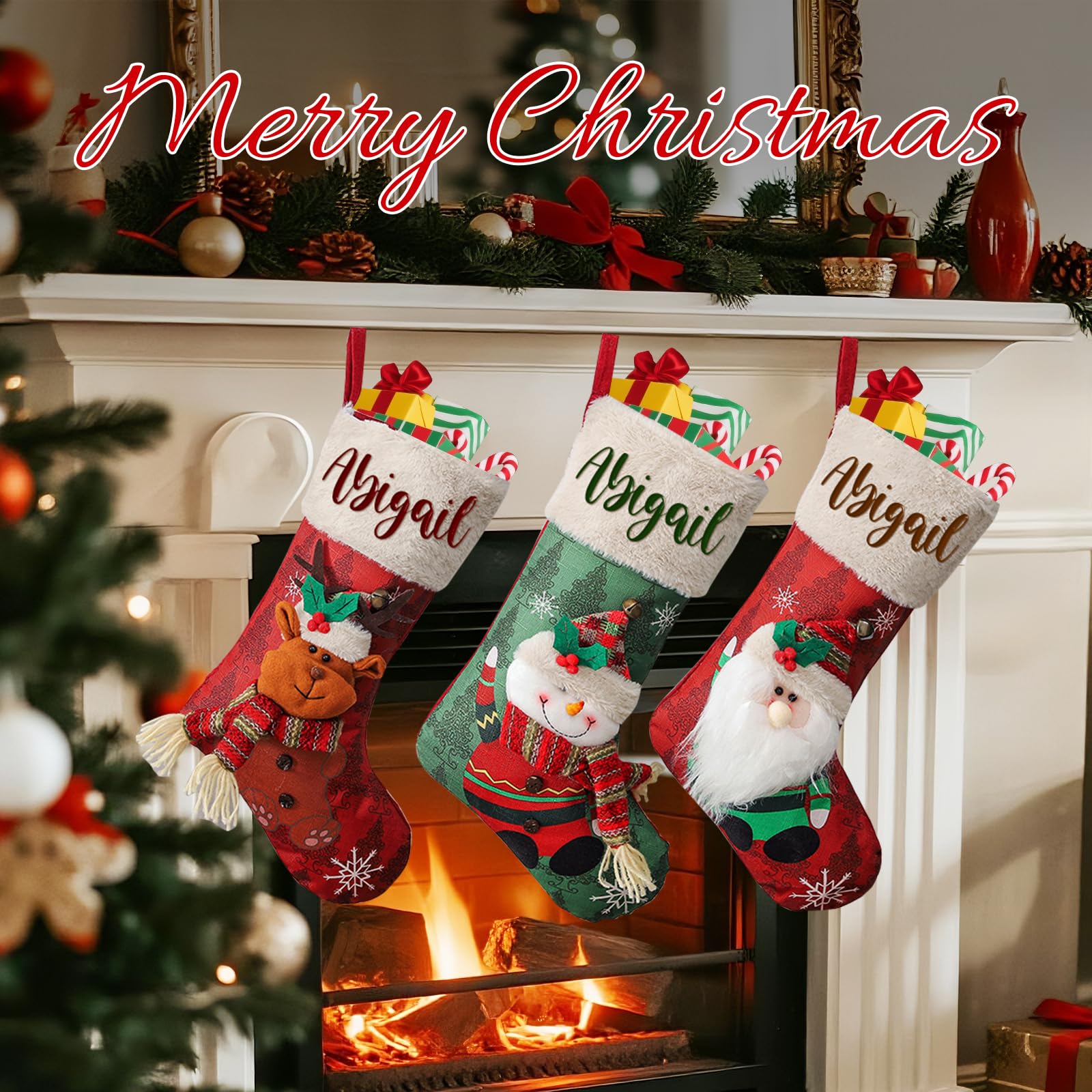 Nikolausstrumpf Personalisiert mit Namen Kinder, 46 cm Große Weihnachtsstrumpf zum Aufhängen & Befüllen, 4er Set Familie Weihnachtssocken Kamin Personalisierter Nikolausstiefel Weihnachtsdeko