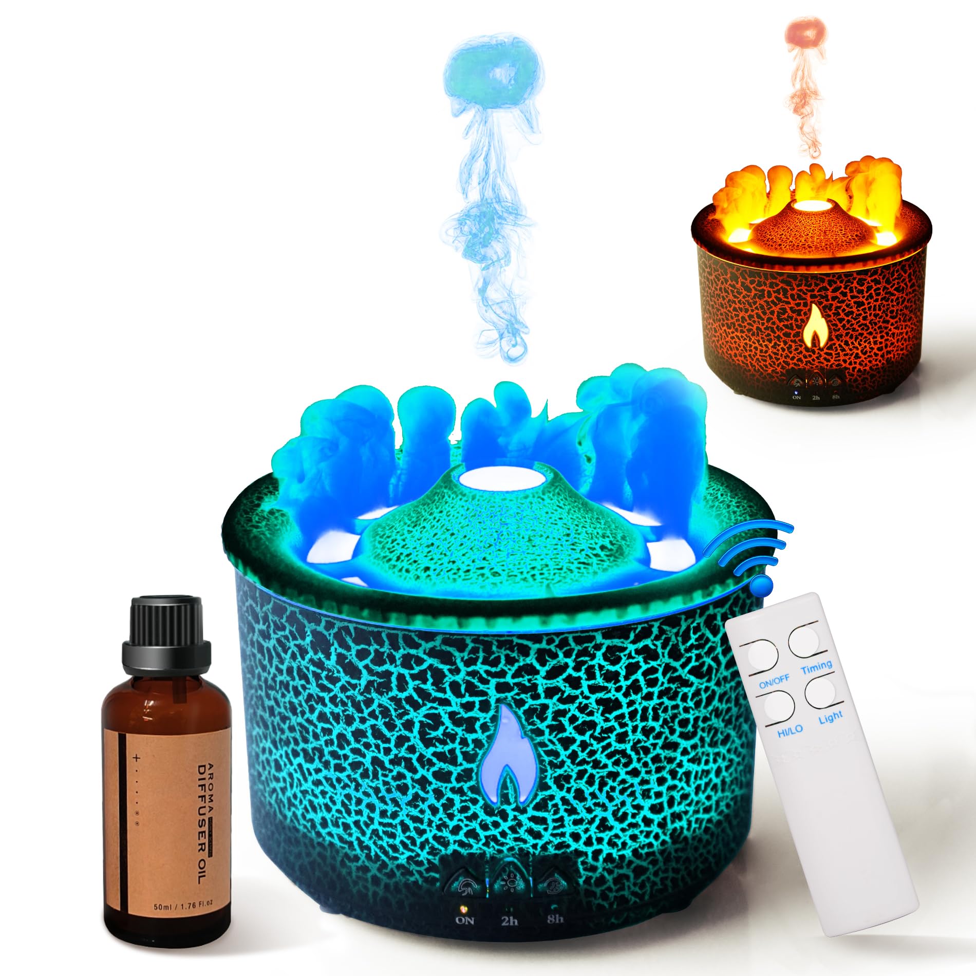 BOHOFAM Aroma Essential Oil Diffuser 360 ML,Volcano and Flame Diffuser/Humidifier,give1.76 oz Hotel Collection Essential Oils,Blue/red Light Selection,Diffusers for Home,Large Room(Black Cracks)