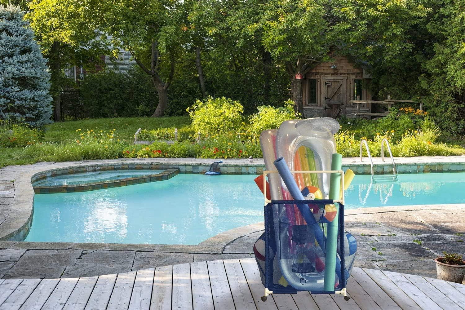 Essentially Yours Rolling Pool Noodle Storage Organizer Bin, Standard Noodle Holder, (25.4" W x 26" L x 40.5" H), Blue / White Style 510643