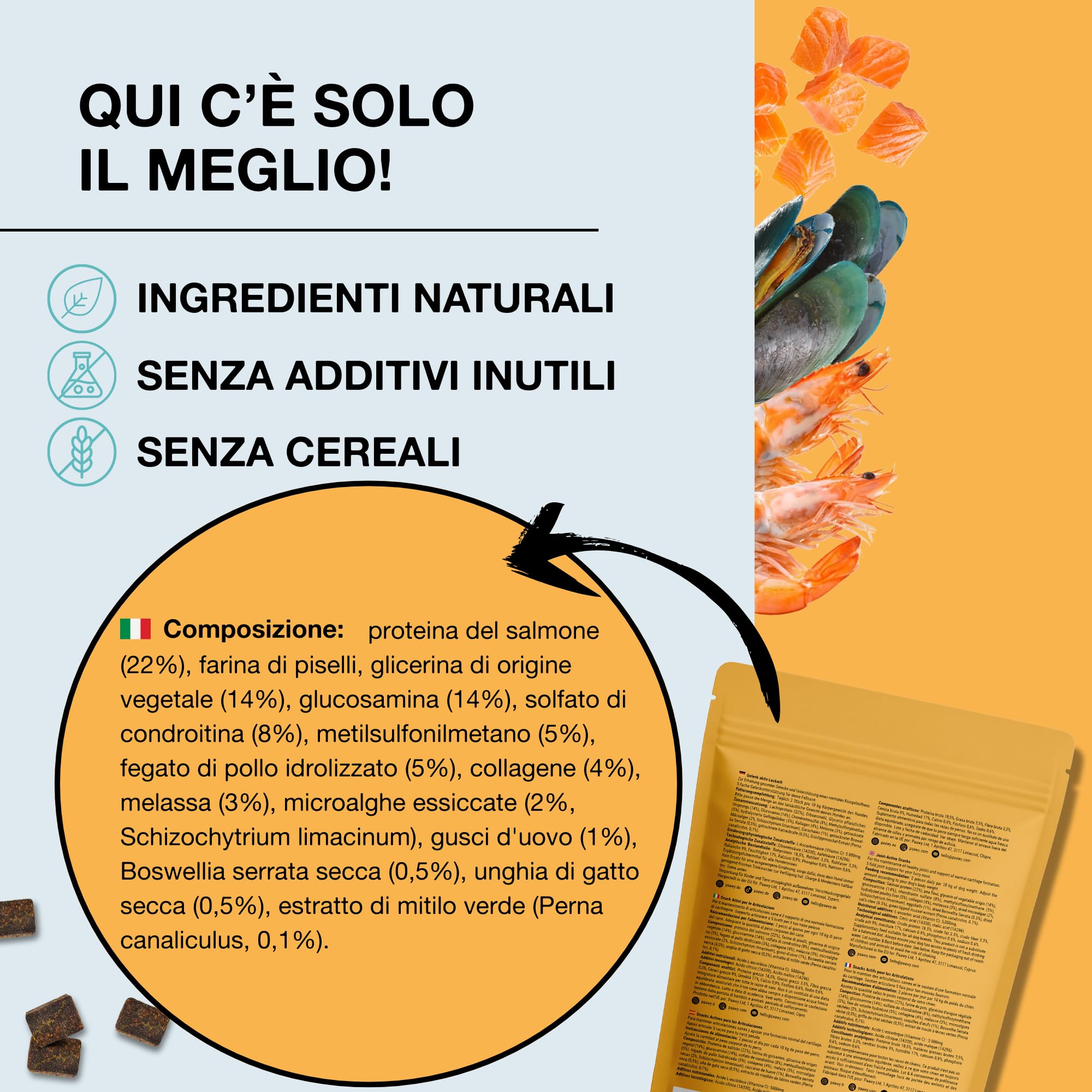 Integratore Articolazioni Cane di Paawy | TEST OTTIMO | 180 Snacks Condroprotettori e Antinfiammatorio Naturale con Glucosamina, Condroitina e Collagene per Cani per la Cura delle Ossa e Articolazioni