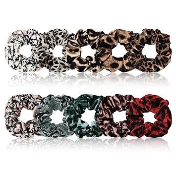 10-Piece Animal Print Satin Hair Scrunchies for Women & Girls, Cute No Damage Hair Ties Stylish Ponytail Holders, Fashion Rubber Bands for Womens Thin/Thick Hair Multi Pattern