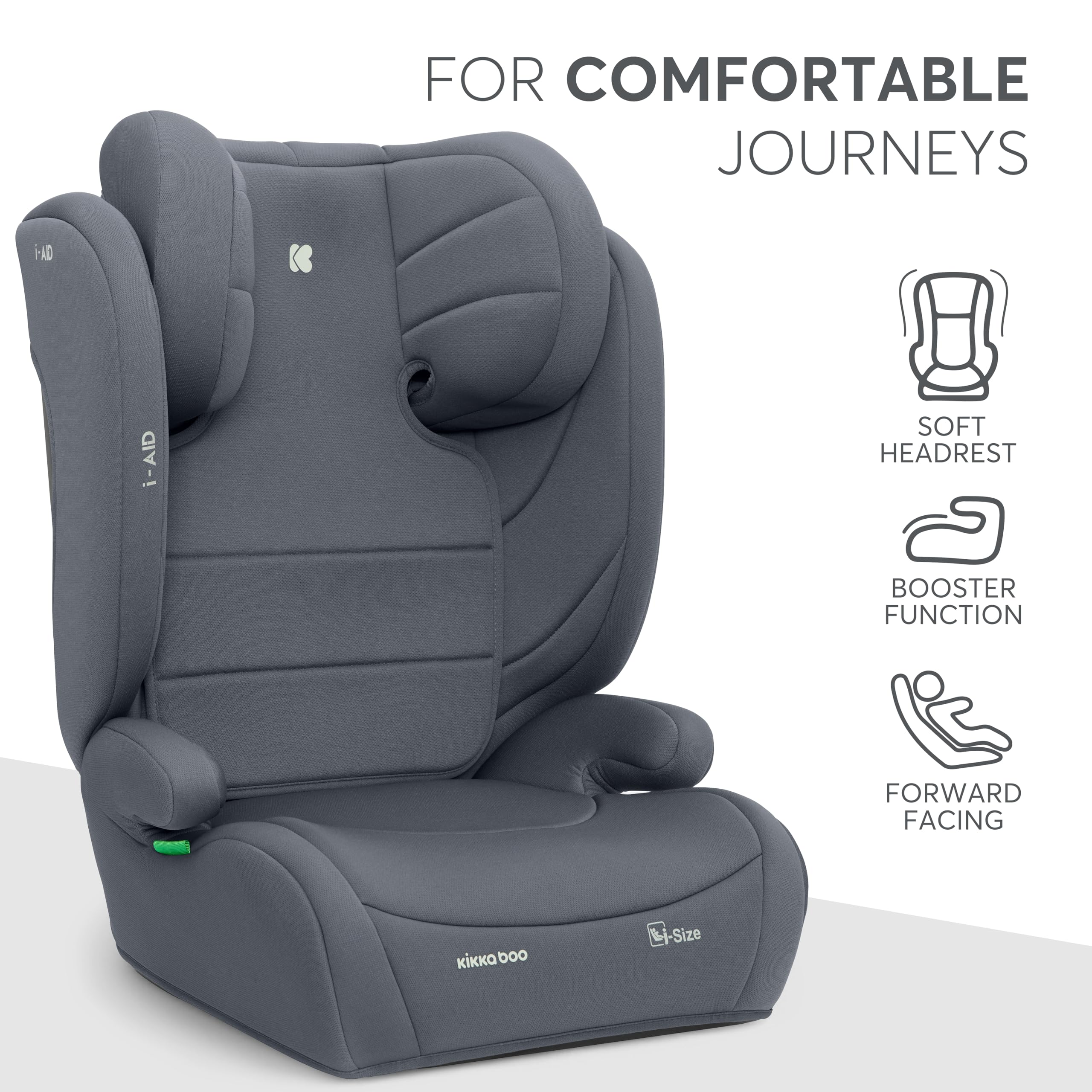 KikkaBoo Fotelik Samochodowy i-AID i-Size 100–150 cm, Grupa 2/3 ISOFIX, dla Dzieci 3,5–12 Lat (15–36 kg), Regulowany Zagłówek w 13 Pozycjach, Szary