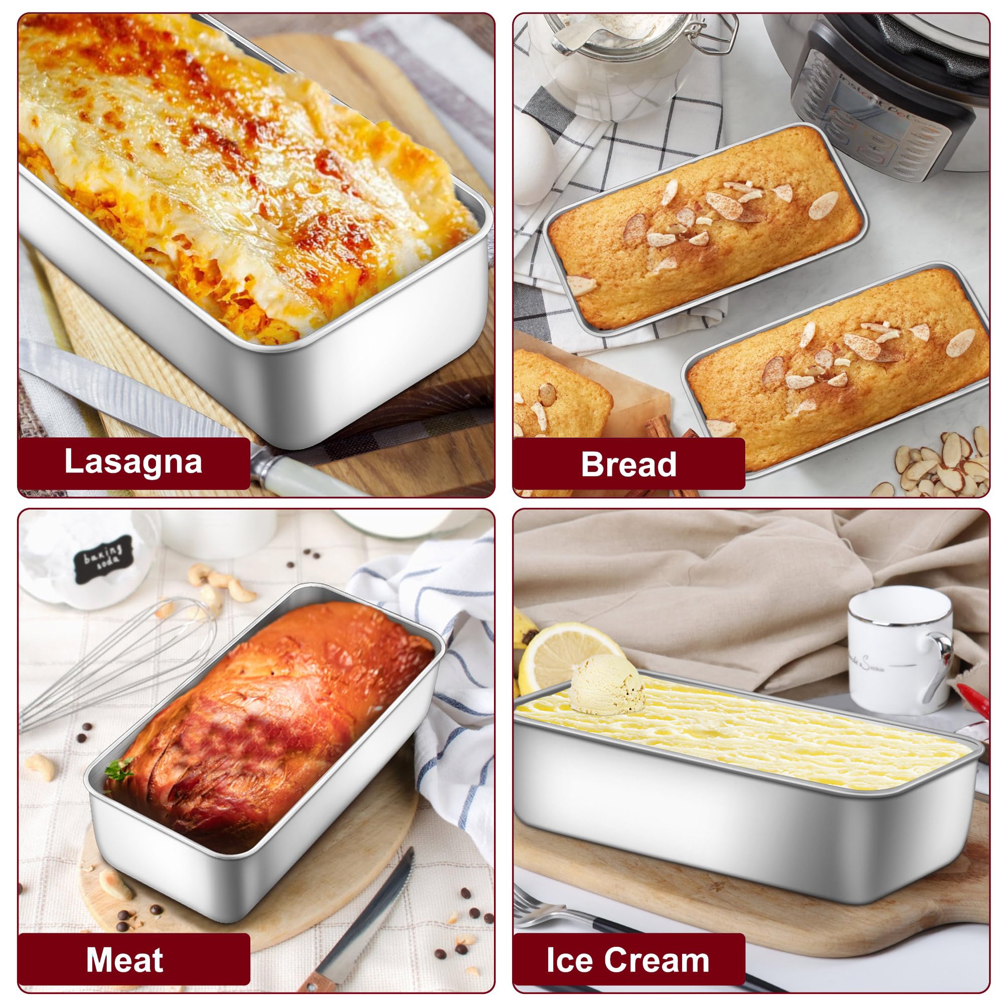 LIANYU 4 Stück 30,5 x 12,7 cm Kastenformen, große Backformen-Set | Brotform aus Edelstahl für Lasagne, Fleisch, Kuchen, Brownies, Eis, gesund und langlebig, spülmaschinen- und gefriergeeignet