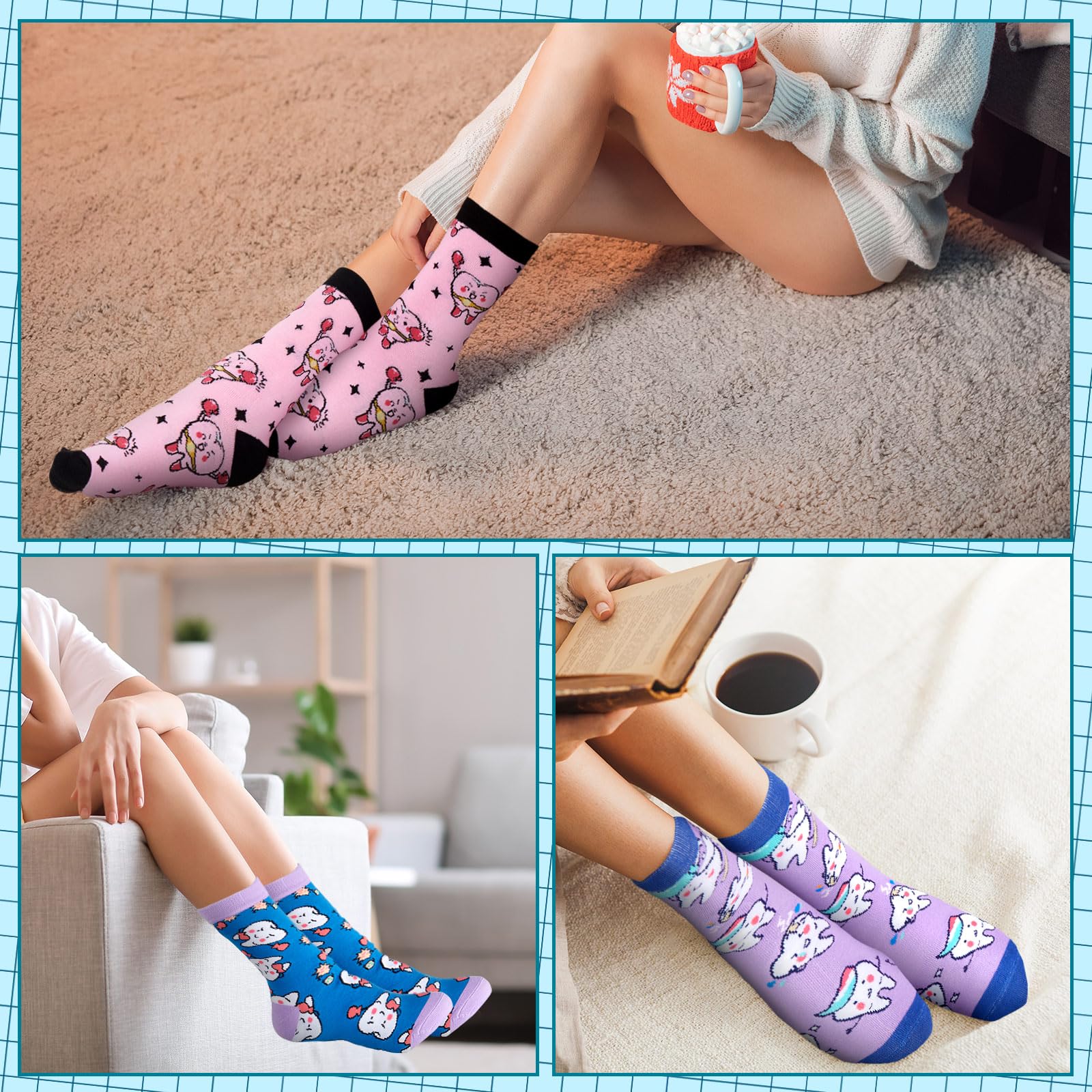 Xaatren 24 Paar Zahnarztsocken, niedlich, lustig, Zahnarzt-Assistent, Wintergeschenke, Zahnmuster, Crew, Neuheit, Zahnarzt, Hygiene-Geschenke für Frauen, Krankenschwestern, Größen 39 bis 47,