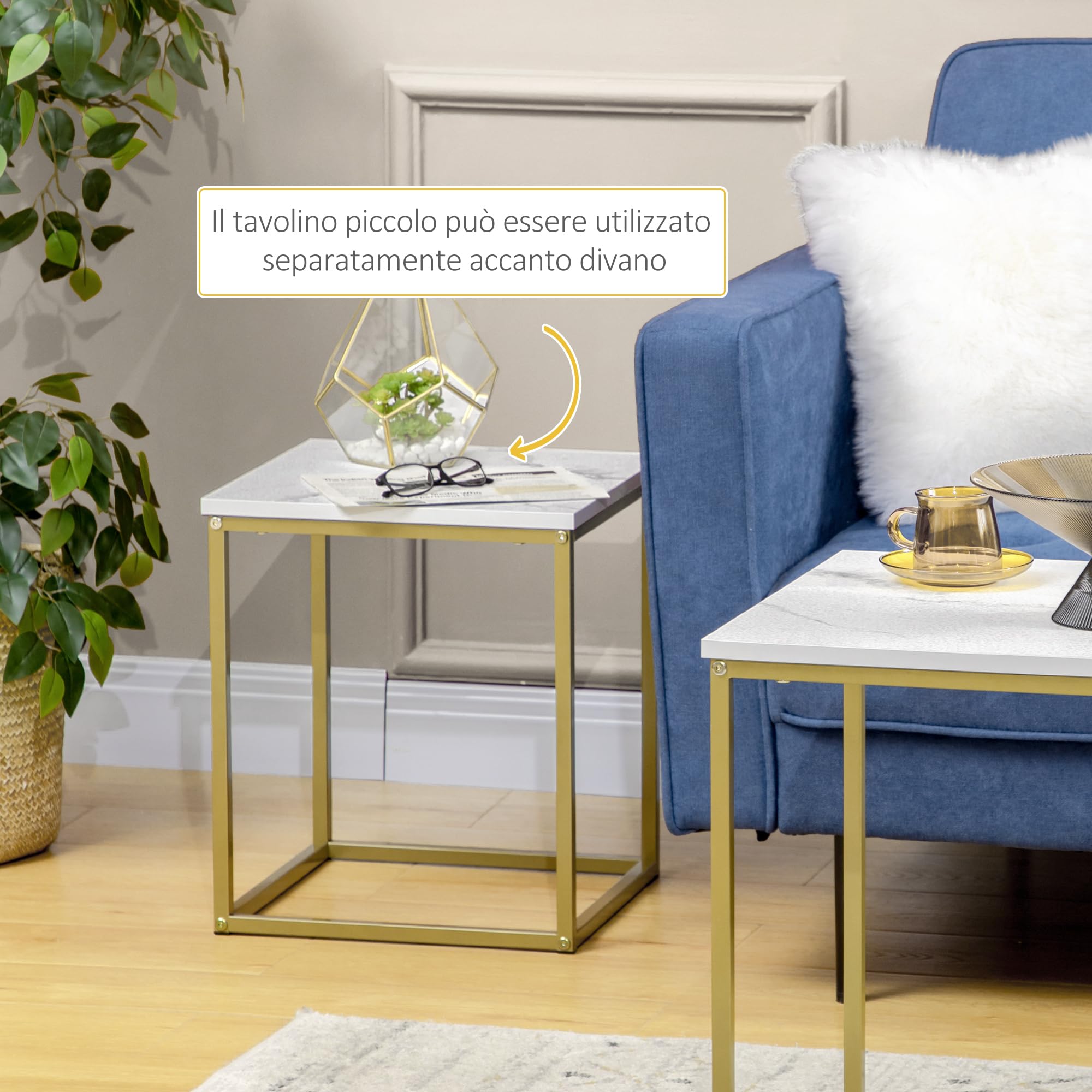 HOMCOM Tavolino da Salotto Set 2 Pezzi Impilabile Bianco e Oro