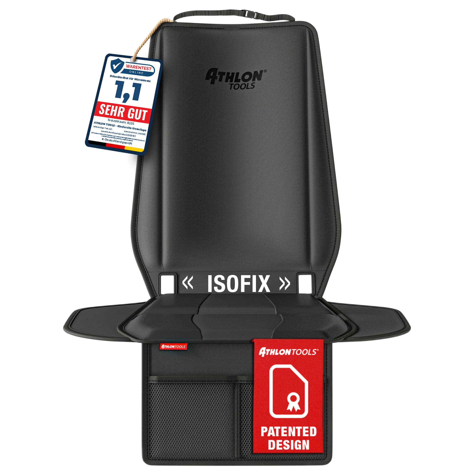 ATHLON TOOLS Kindersitzunterlage Auto mit Seitenschutz - Optimale Passform - Isofix kompatibel - Dick gepolstert - für Kindersitze, Babyschalen und Sitzerhöhungen - Patentiertes Design aus Hamburg