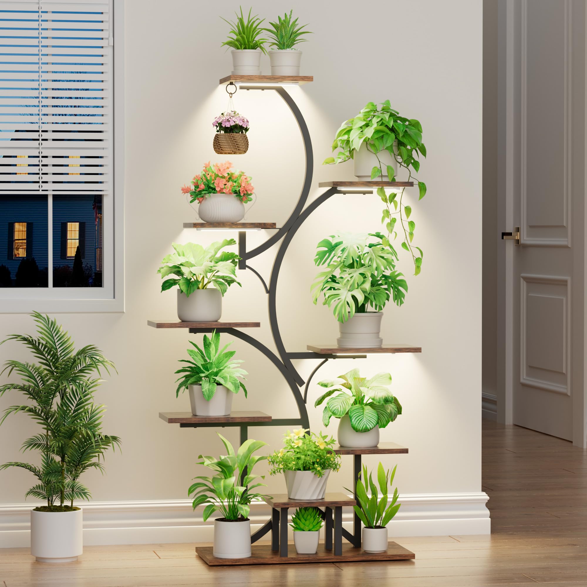 Plant Stand Indoor with Grow Light: Lighted Plant Stands 54.6" Tall, 9 Tiered Large Plant Shelf for Indoor Growing, S-Shaped Flower Holder Display for Multiple Plants, Living Room, Patio (Black)