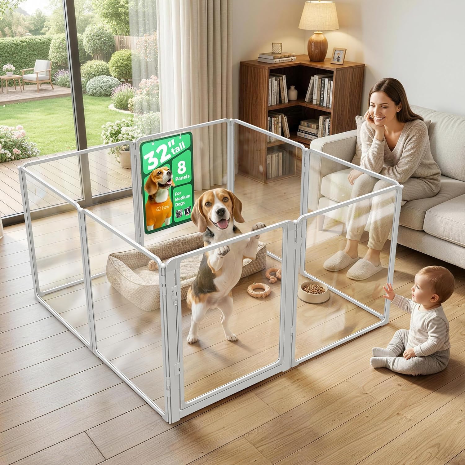 FXW AuraSpace Pro Acrylic Indoor Dog Playpen, Heavy-Duty with Metal Frame, 80cm Height 8 Panels for Small and Medium Dogs, White│Patented