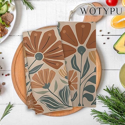 Miniatura 2 de Groovy - Juego de 2 toallas de cocina vintage bohemias, florales naranjas y verdes, estilo retro de los años 70, diseño botánico botánico de