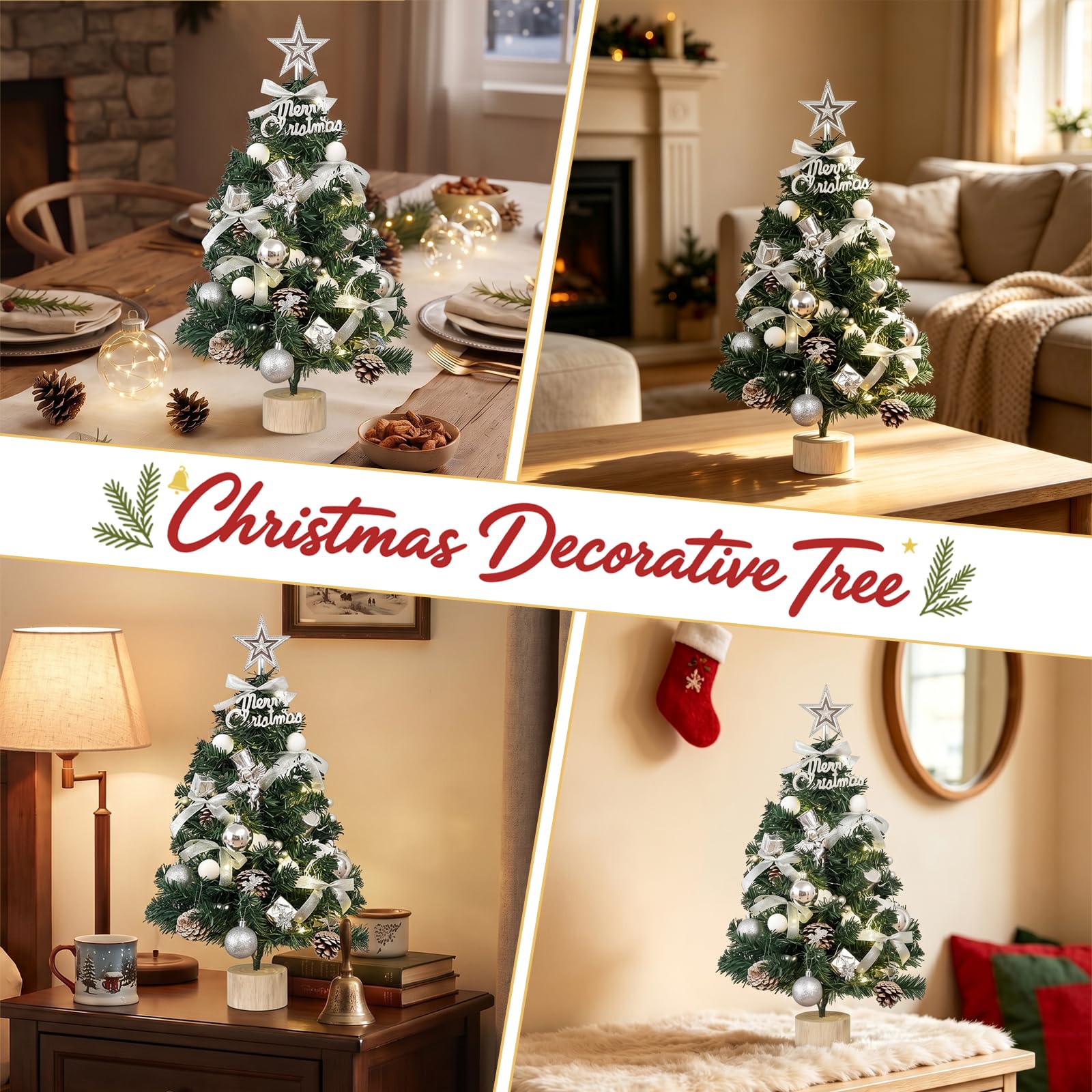 Mini sapin de Noël de table de 61 cm avec lumières | Petit sapin de Noël artificiel avec étoile - Kit de bricolage - Décoration pour la maison et centre de table - Blanc 60C06