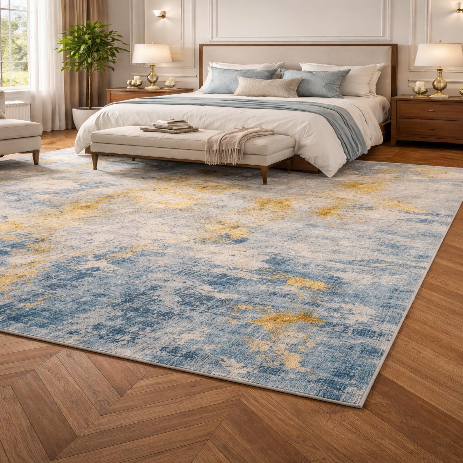 Tapis abstrait moderne bleu et jaune tapis de salon design géométrique 120x170