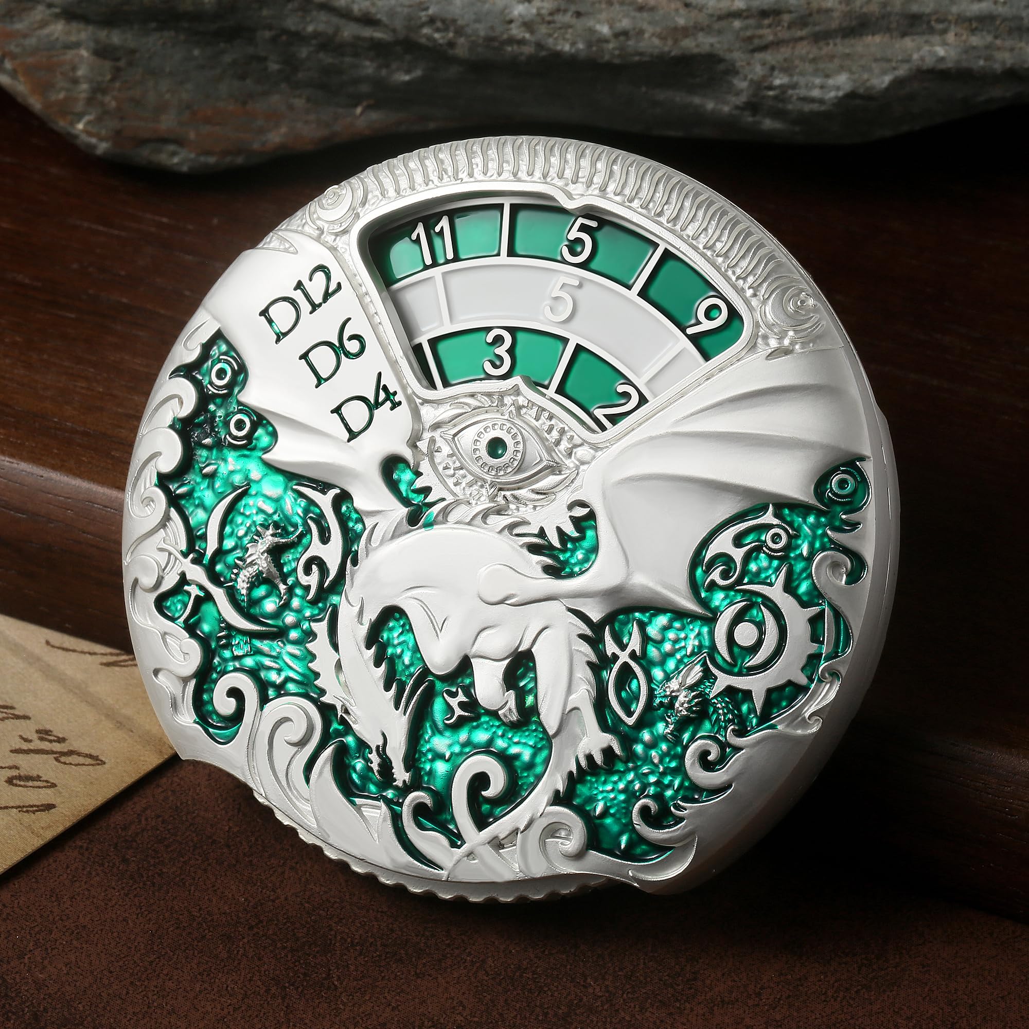 DNDND Jeu de dés DND en métal 7 en 1 avec superbe coffret cadeau pour donjons, dragon et jeu de table (argenté et vert)