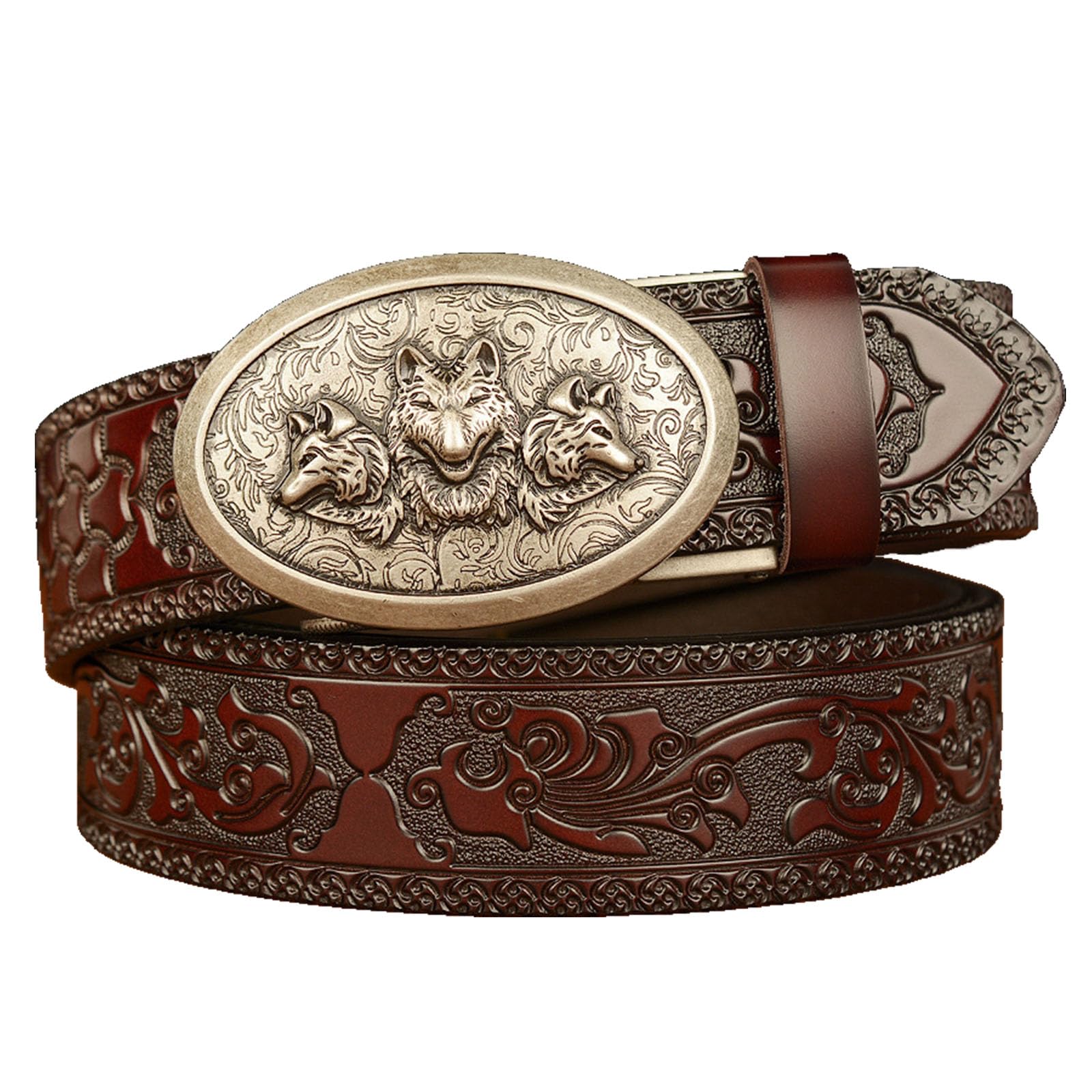 Wrjahcg Unisex Brown B Men's Belts Leather Ratchet, Western Cowboy Belt For Men With Wolf Head Oval Alloy Buckle Embossed Belt,,110Cm/43.3''
