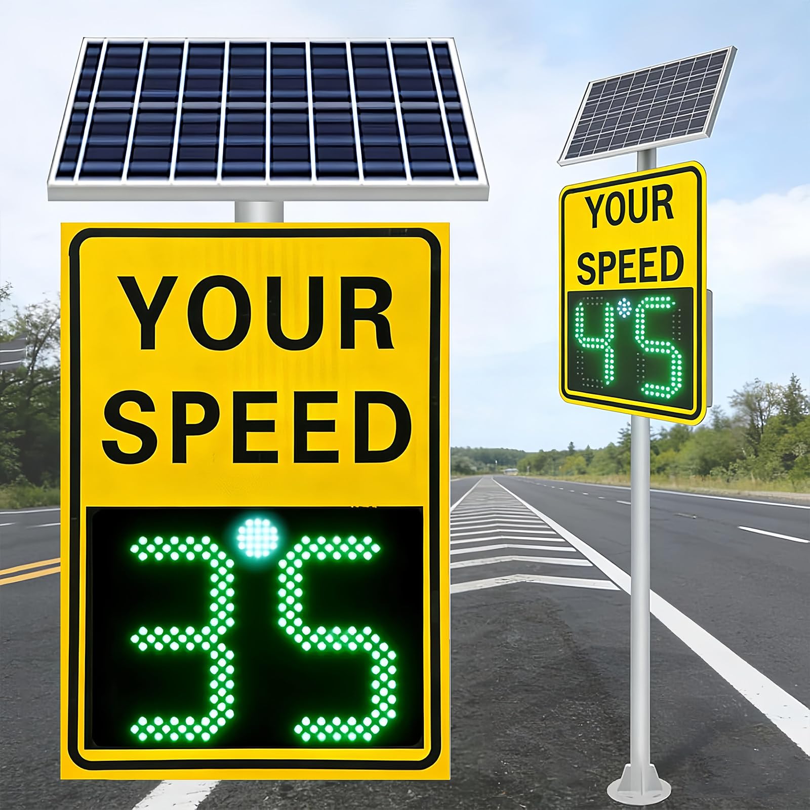 Señal de límite de velocidad alimentada por energía solar, detector de radar digital de aluminio inoxidable para calles y vecindarios, rango de medición ajustable de 1 a 199 mph, 22 x 28 pulgadas